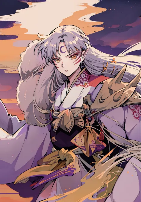 sesshomaru, yellow eyes, anime, perfect face, perfect lighting, outdoors, warm colors, dark purple sky, autumn sunset,  \(inuyas...