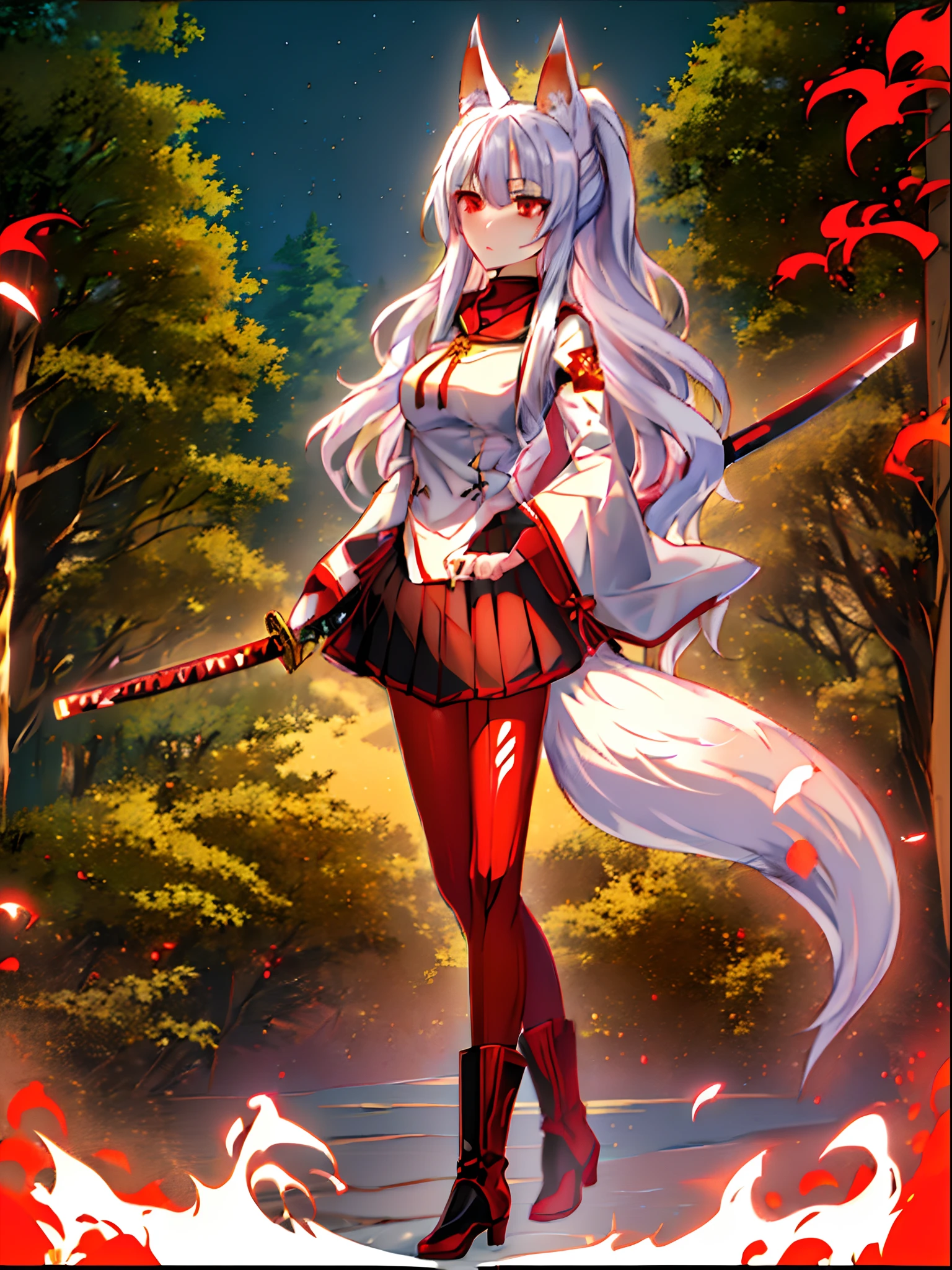 (Anime Kitsune Mädchen mit langen weißen Haaren im Pferdeschwanz), (Fuchsmädchen hält ein Katana und trägt eine weiße Uniform und einen schwarzen Rock), (rote Augen), weißhaarige Gottheit, neutraler Ausdruck, gute Qualität, ((extreme Detailliertheit)), ((Walddorf im Hintergrund))