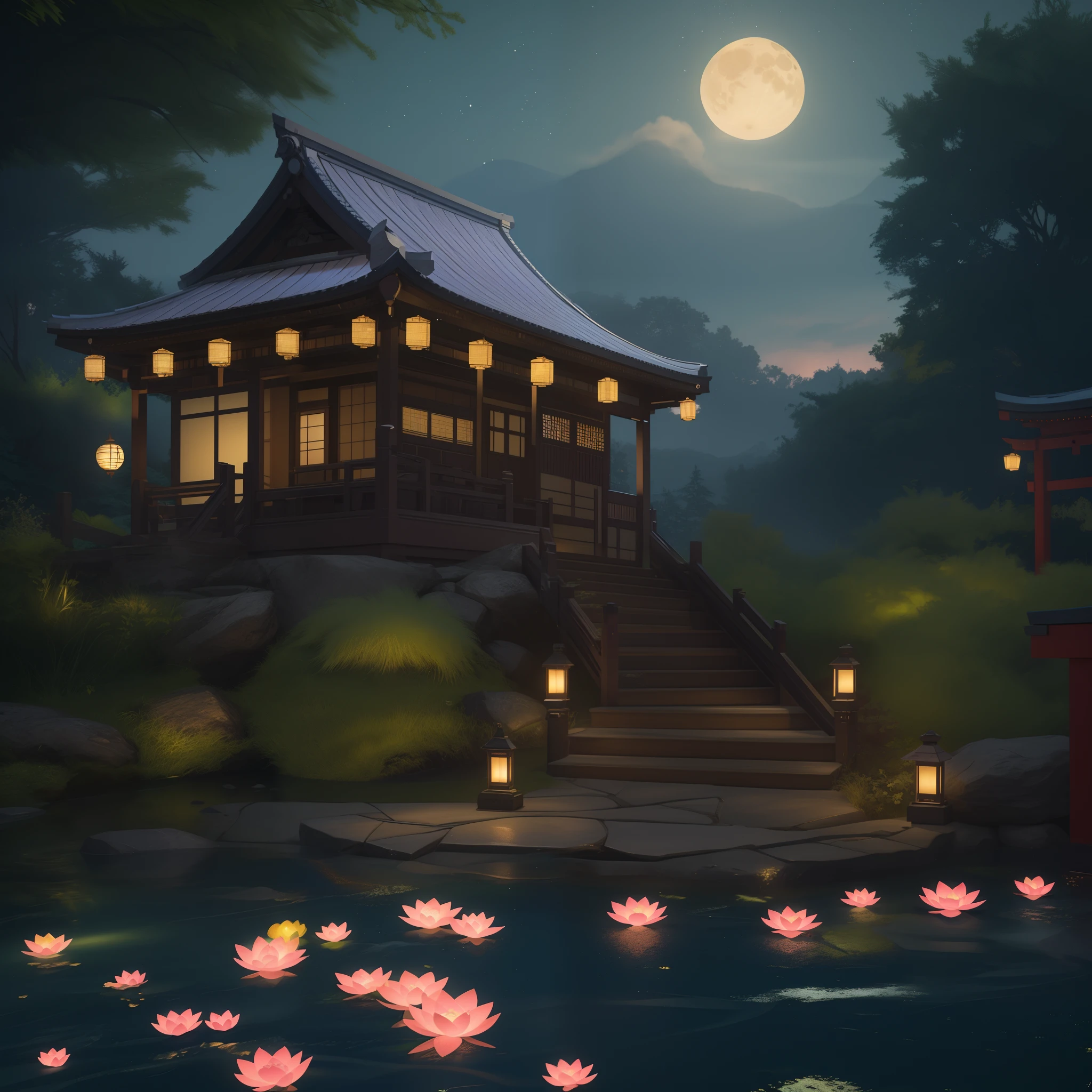 Works of masters，hyperrealistic photo，ultra HD wallpaper，clear night sky，Moon，starrysky，Dense woods，Far Mountain，Ancient Japanese-style houses，Transparent tiles（(Close-up of ultra-fine material)），Lanterns（(3D modeling，Beautifully structured)），stone steps，Stone embankment((Accurate modeling in 3D))，Clear lake water，inverted image，Lotus lamp（(Ultra-detailed close-up)）plethora of colors，Scene detail is extreme，lightand shade contrast，Anti-aliasing, Error details are smoothed, RAW photogr, imagem hiperrealista, Unreal Engine 4, 8K, Ultra-clear, Detailed colors, Wide color coverage, Extremely high scene detail, shadowing, Anti – Aliasing, Error details are smoothed, Unreal Engine 4.8K，Super sharp，Objects with extremely high scene detail，（8K，RAW photos，best qualtiy，tmasterpiece：1.2），（realisticlying，photographrealistic：1.37），Model shooting style，（Very detailed CG unified 8k wallpaper）Trends on ArtStation，Trends on CGSociety，Realistic paintings by Midjourney and the art of Greg Rutkowski，Error details are smoothed