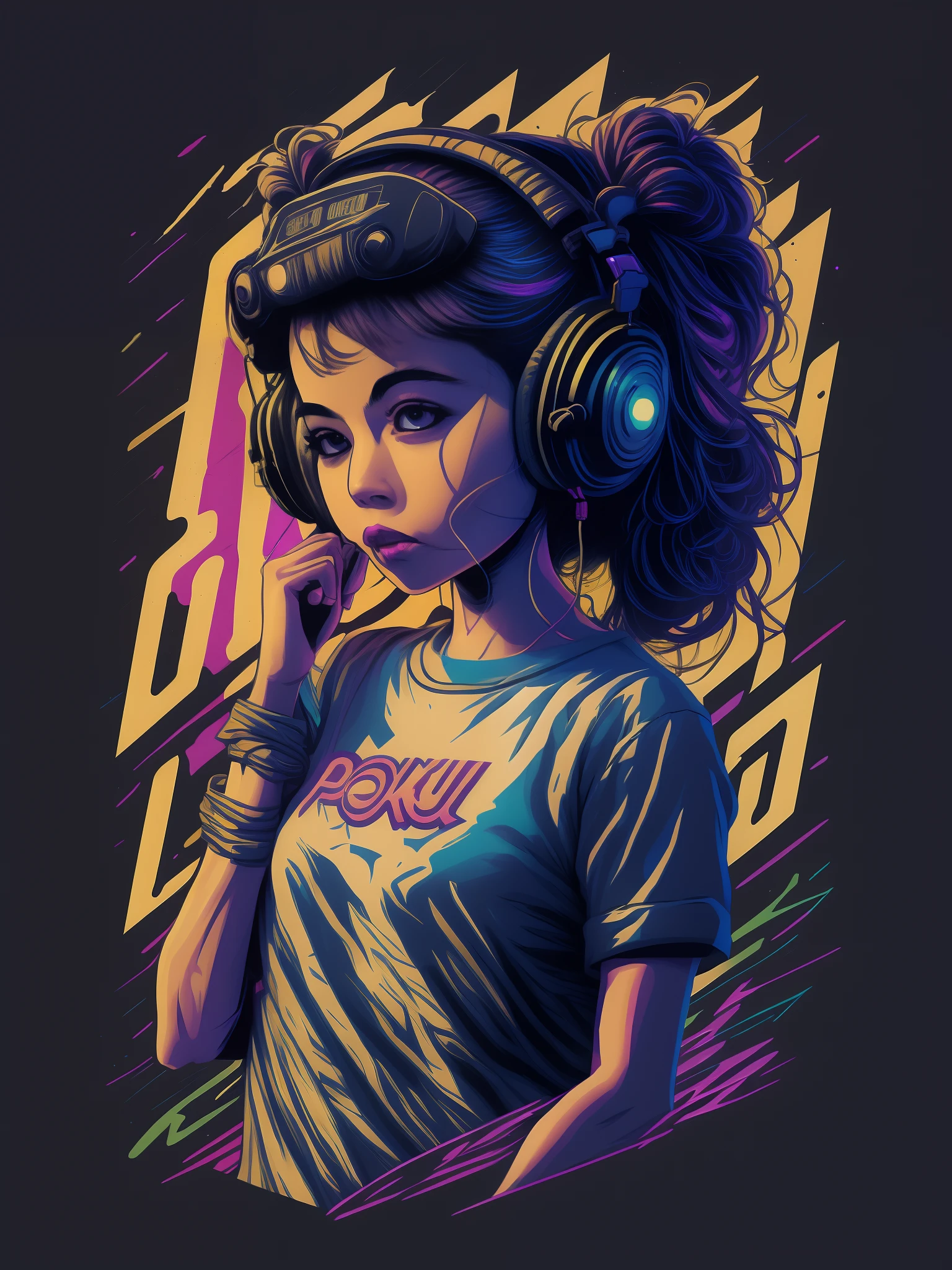 Vintage Poku girl with headphone character design，a sticker，full body shot shot，style of anime，Trigger studio style，comic book art，comic strip，scribble art，graphical，Intense neon color，Golden ratio composition，design for tshirt，8K
