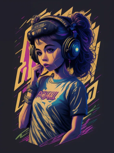 Vintage Poku girl with headphone character design，a sticker，full body shot shot，style of anime，Trigger studio style，comic book a...