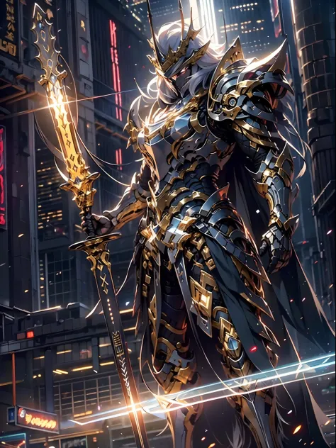 ultra wide shot, full body shot, (masterpiece, best quality), A paladin holding a light infused sword, light magic, divine, mage...