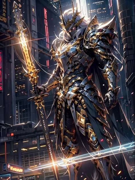 ultra wide shot, full body shot, (masterpiece, best quality), a paladin holding a light infused sword, light magic, divine, mage...