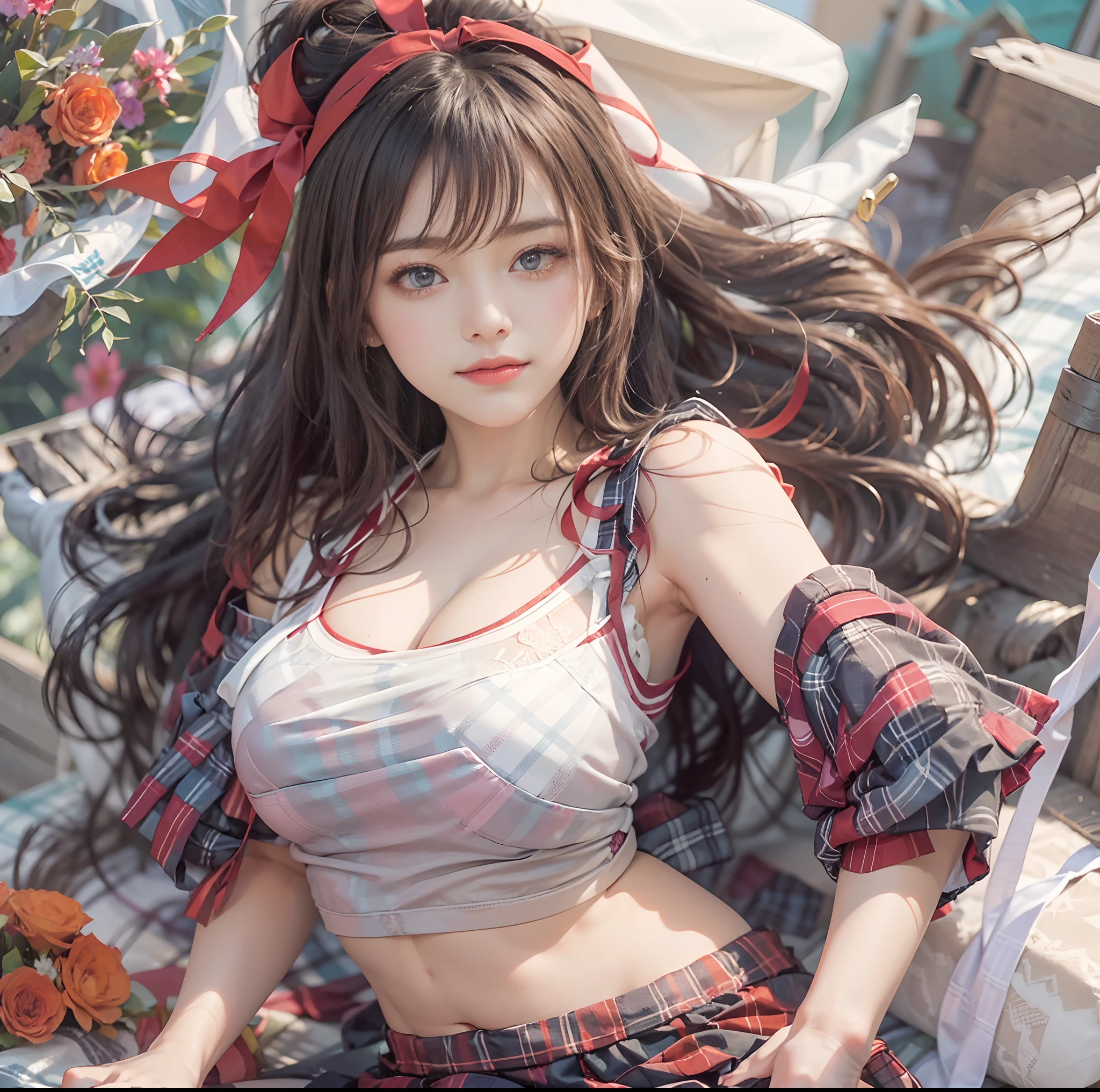 (top-quality、​masterpiece)、(Realistic lighting with shadows)、elegent、(A hyper-realistic:1.5)、Stylish, canny, traditional, artistic, intricate detailes、(Perfect anatomical depiction of the human body)、1girl in, ( Huge breasts :1.5), She is a teenage girl、Beautiful bright blue eyes squinting dazzlingly、Small lips without lipstick、Brunette hair fluttering in the wind、She has half-up hair that shines in the backlight of the setting sun, Eta、She is a schoolgirl summer outfit、 (The skirt is a tartan plaid micro mini pleat:1.5)、(Neat white blouse and white panties:1.5)、 (Thin crimson ribbon ties:1.5), tightly closed from neck to skirt, So you can't see the skin., So the girl's breasts are not exposed at all.、(The blouse is very cramped because the breasts are so large:1.5)、 (She's in a sexy pose、It is very bewitching and beautiful:1.5)、Looks like a school goddess、This photo was taken with a cute smile with narrowed eyes as if a wonderful flower was blooming in front of me...。, (Show your chest from the front:1.5), (the face is chubby:1.3), perfect anatomia, A detailed face, close up of face,  irene1, zydG