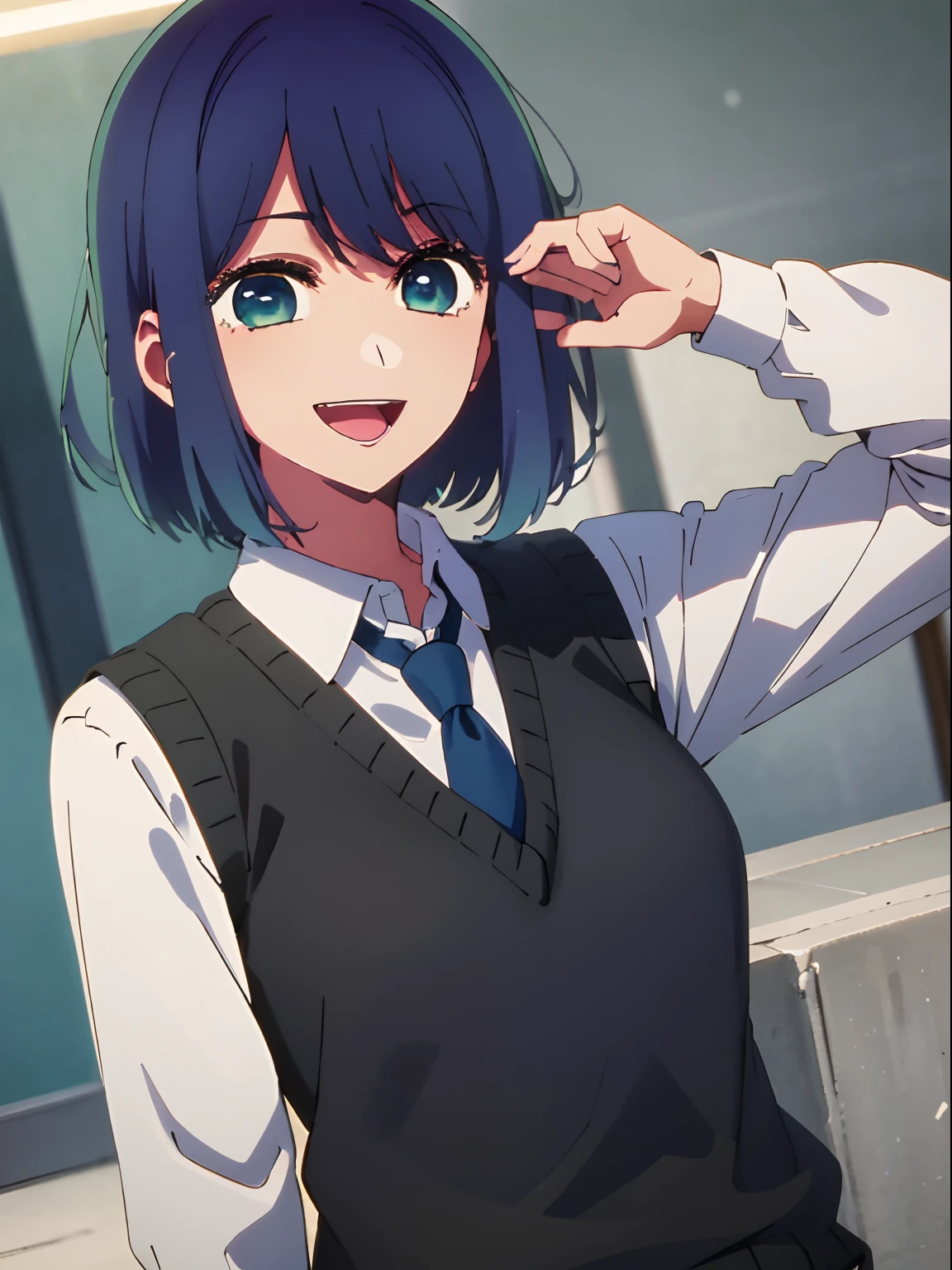bela iluminação, 1 garota em, só, Akane, camisa branca, Colete suéter, colete preto, gravata azul, ((estilo anime))、((2D))、Um sorriso、Abra sua boca