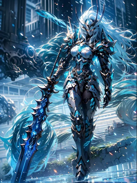 a masterpiece， the best quality， High Quality， （futurism：1.1）， （A death knight holding Frostmourne, the frost infused sword, fro...