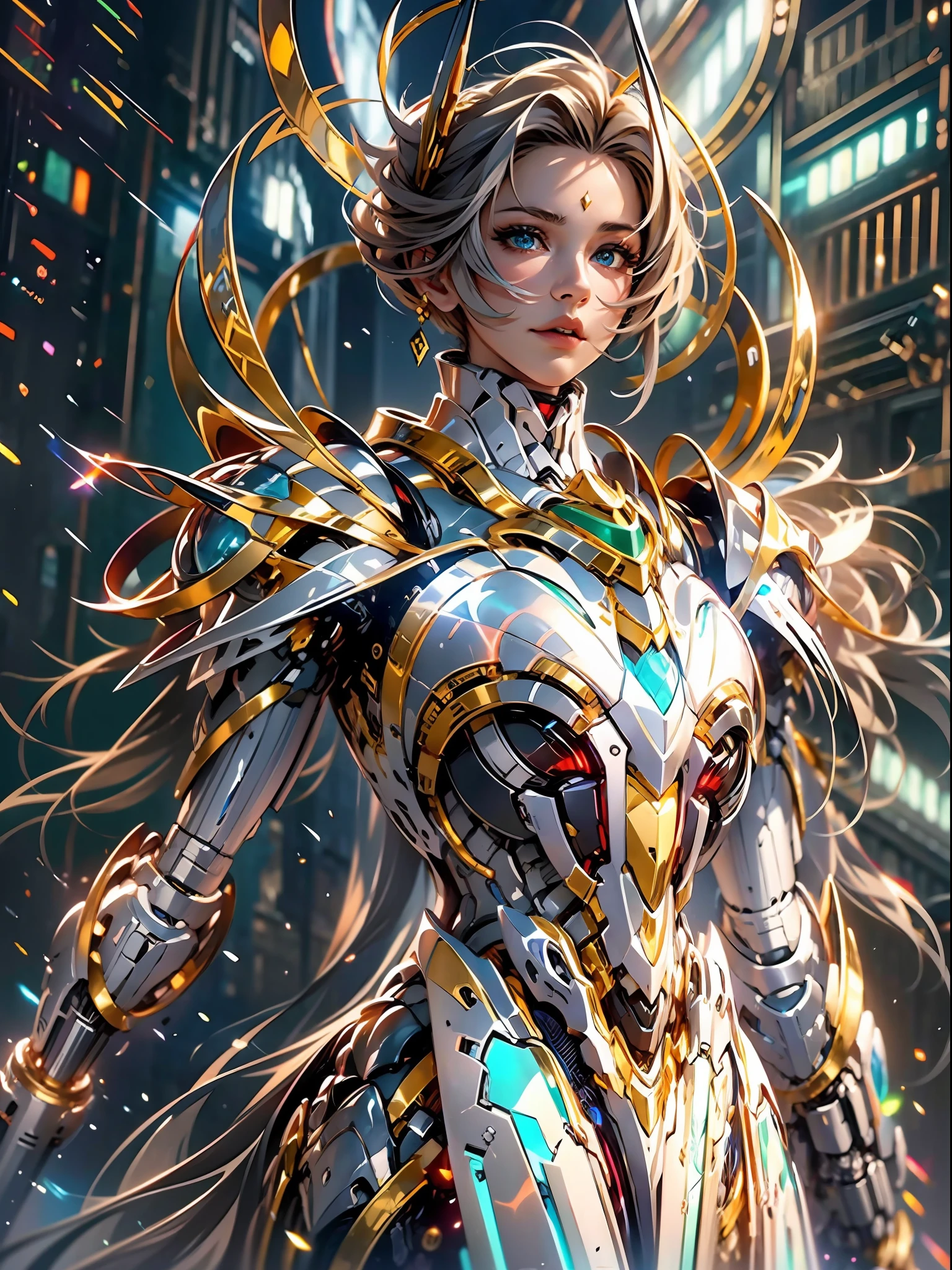 a masterpiece， the best quality， High Quality， （Futurism：1.1）， （A paladin holding a light infused sword, light magic, divine, Magewave, silver and gold）， movie lights， （Exquisite future）， Beautiful and beautiful， Ultra detailed， Great composition， floating， Depth of field， （Very detailed CG，Unity 8k Wallpaper）， （Beautiful detail background）， Beautiful hair details， dramatic lights， GOGETTA， mecha，Bestquality，ultrahighres，photorealistic