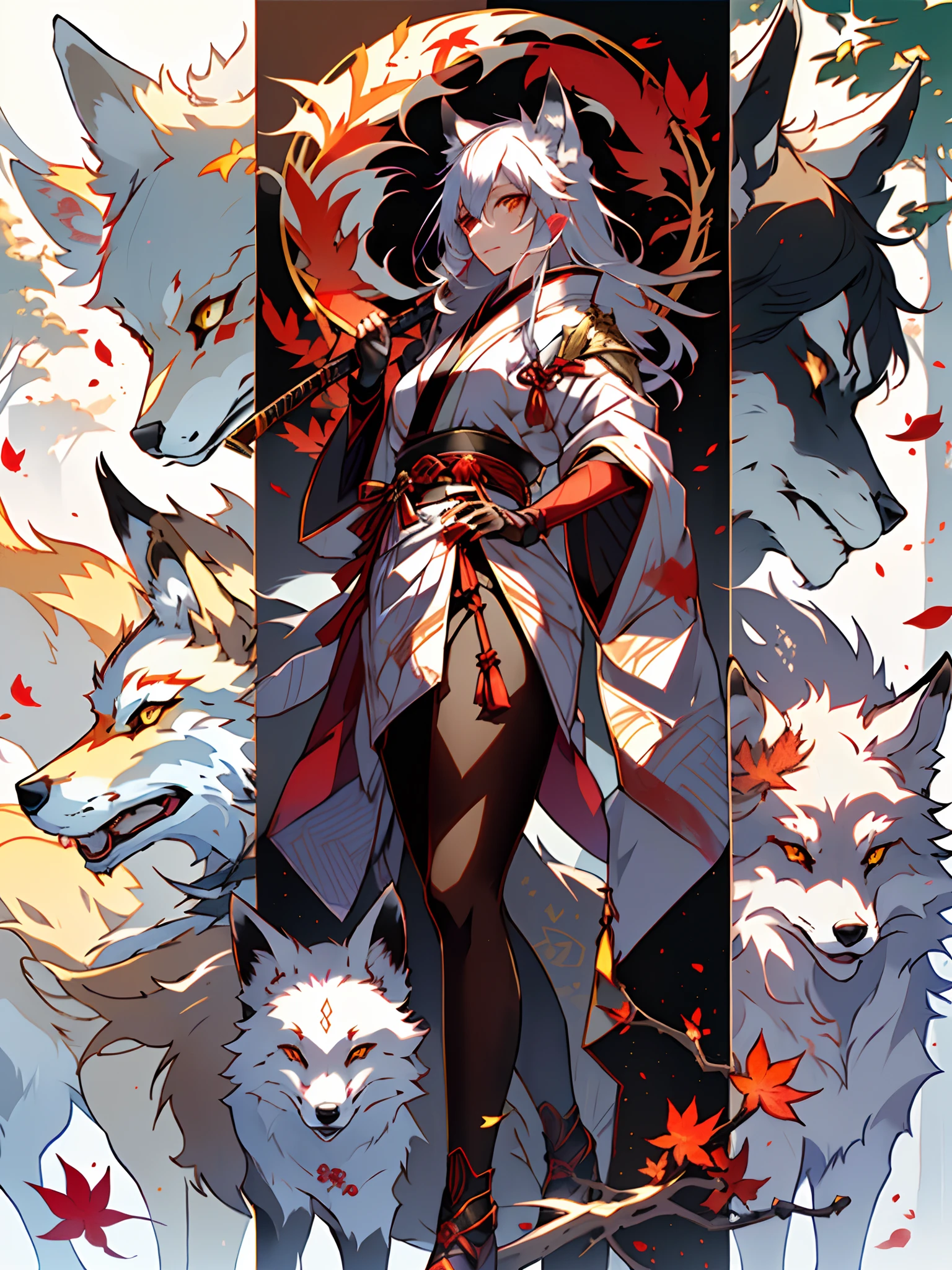 anime girl in forest with red leaves, white - haired fox, white fox anime, vampire white fox, white haired deity, fox nobushi, fox nobushi holding a naginata, holo is a wolf girl, holo if a wolf girl, kitsune three - tailed fox, white fox, kitsune, dynamic lighting