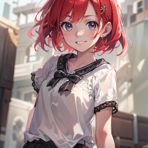 (delicate detailed), (intricate details), (cinematic light, best quality Backlights), clear line, from below, (1girl),solo,full body,(/a portarit photo of a smiling 10 year old girl with red hair and grey eyes wearing a white shirt and black skirt/),short ...