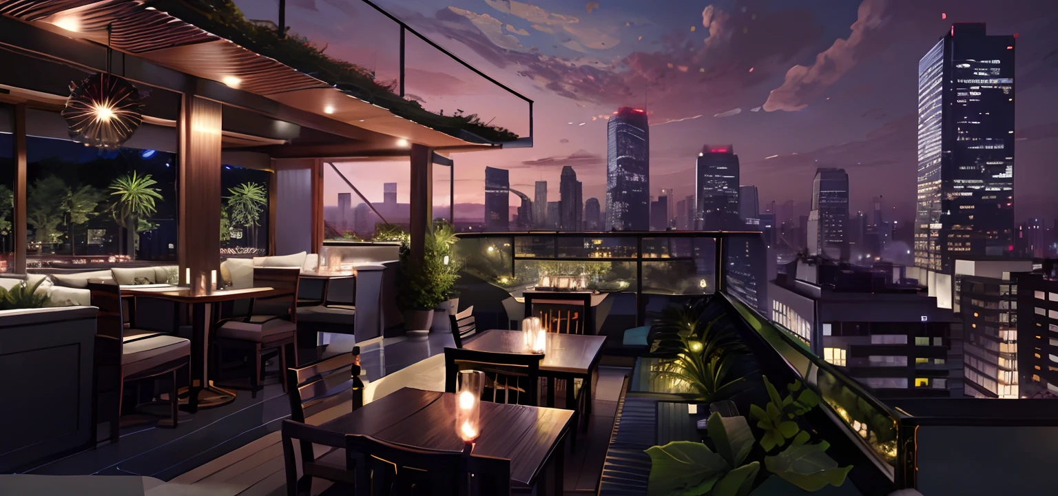 There is a patio with sofas and lights, rooftop romantic, city rooftop,rooftop pools，rooftop party,There is red wine，Bar rooftop party， set in tokyo rooftop, background artwork, highly detailed scenario, realistic scene, Rooftop, Stylized urban fantasy artwork, detailed scene, arte de fundo, outdoors tropical cityscape, hyper detailed scene，There are greenery，There are wine glasses on the table，red wine，cigarettes，playingcards，