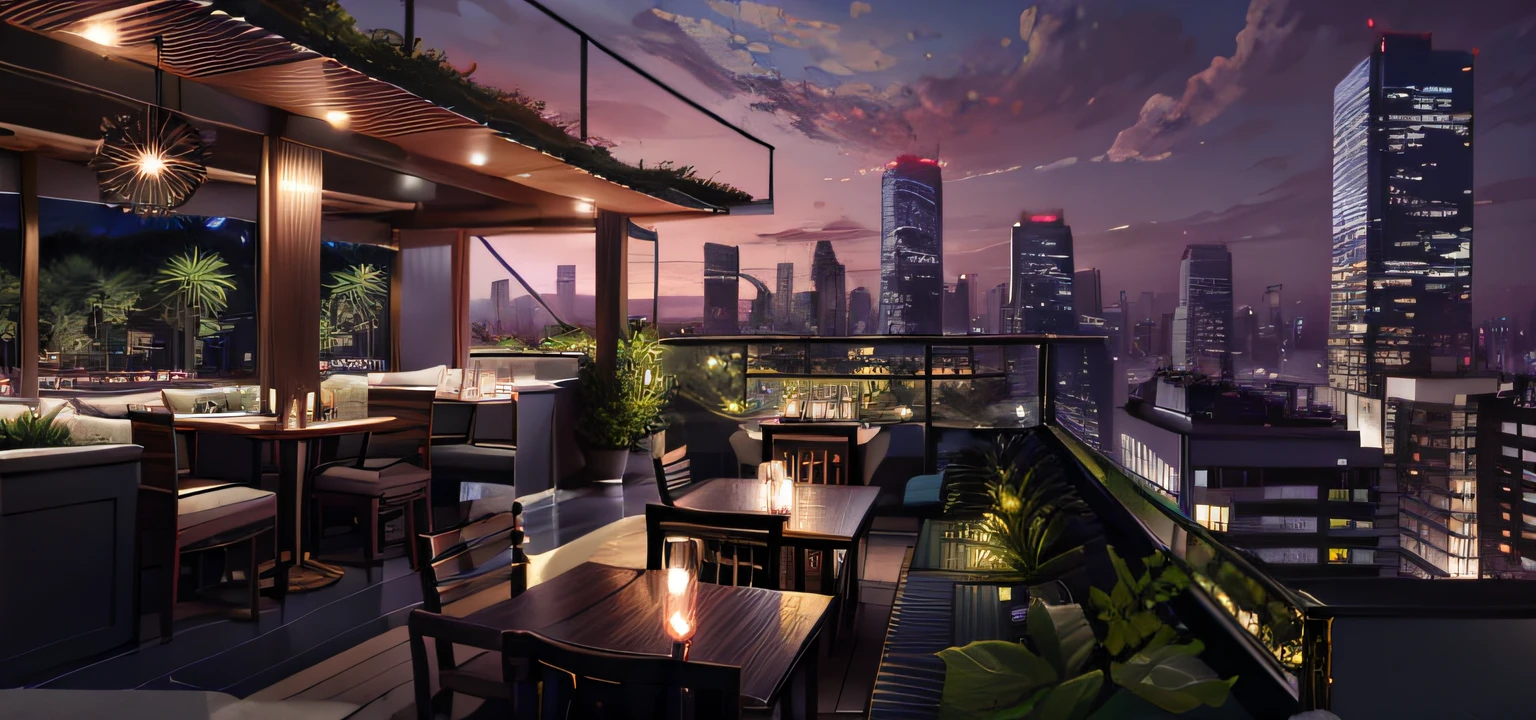 There is a patio with sofas and lights, rooftop romantic, city rooftop,rooftop pools，rooftop party,There is red wine，Bar rooftop party， set in tokyo rooftop, background artwork, highly detailed scenario, realistic scene, Rooftop, Stylized urban fantasy artwork, detailed scene, arte de fundo, outdoors tropical cityscape, hyper detailed scene，There are greenery，There are wine glasses on the table，red wine，cigarettes，playingcards，