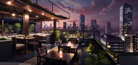 there is a patio with sofas and lights, rooftop romantic, city rooftop,rooftop pools，rooftop party,there is red wine，bar rooftop...