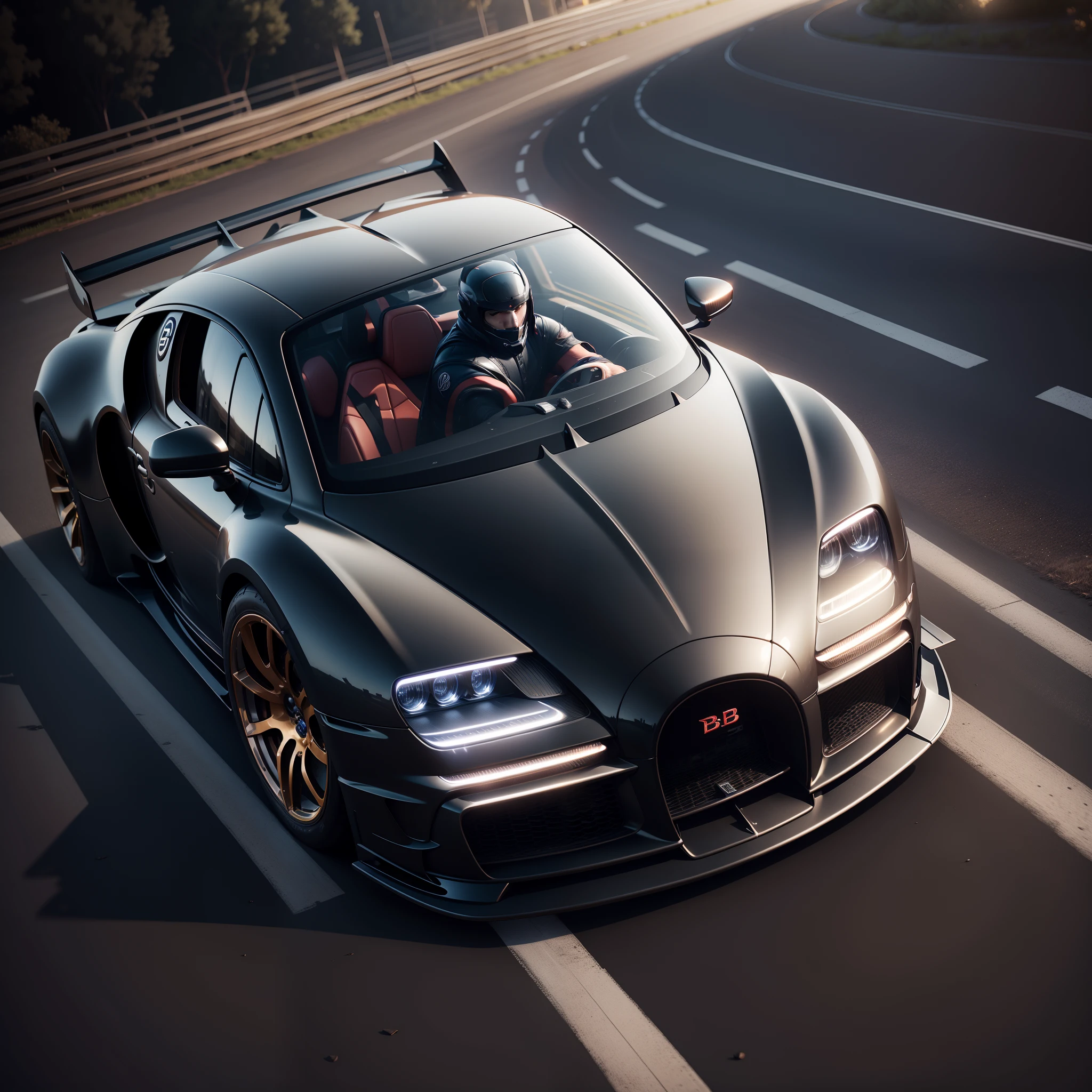 Black bugatti drifting on the road, night time, photorealistic image, 8k,  ultra HD - SeaArt AI