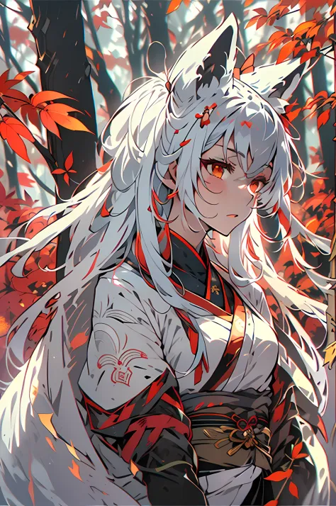 solo, anime girl in forest with red leaves, anime kitsune girl with long white hair in ponytail, white - haired fox, white fox a...