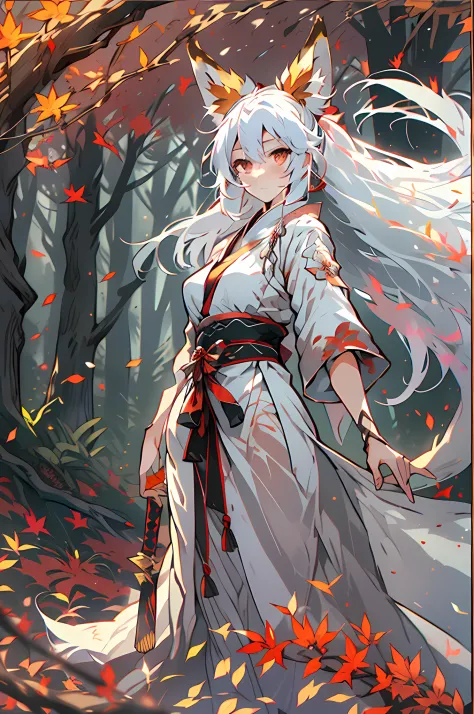 solo, anime girl in forest with red leaves, anime kitsune girl with long white hair in ponytail, white - haired fox, white fox a...