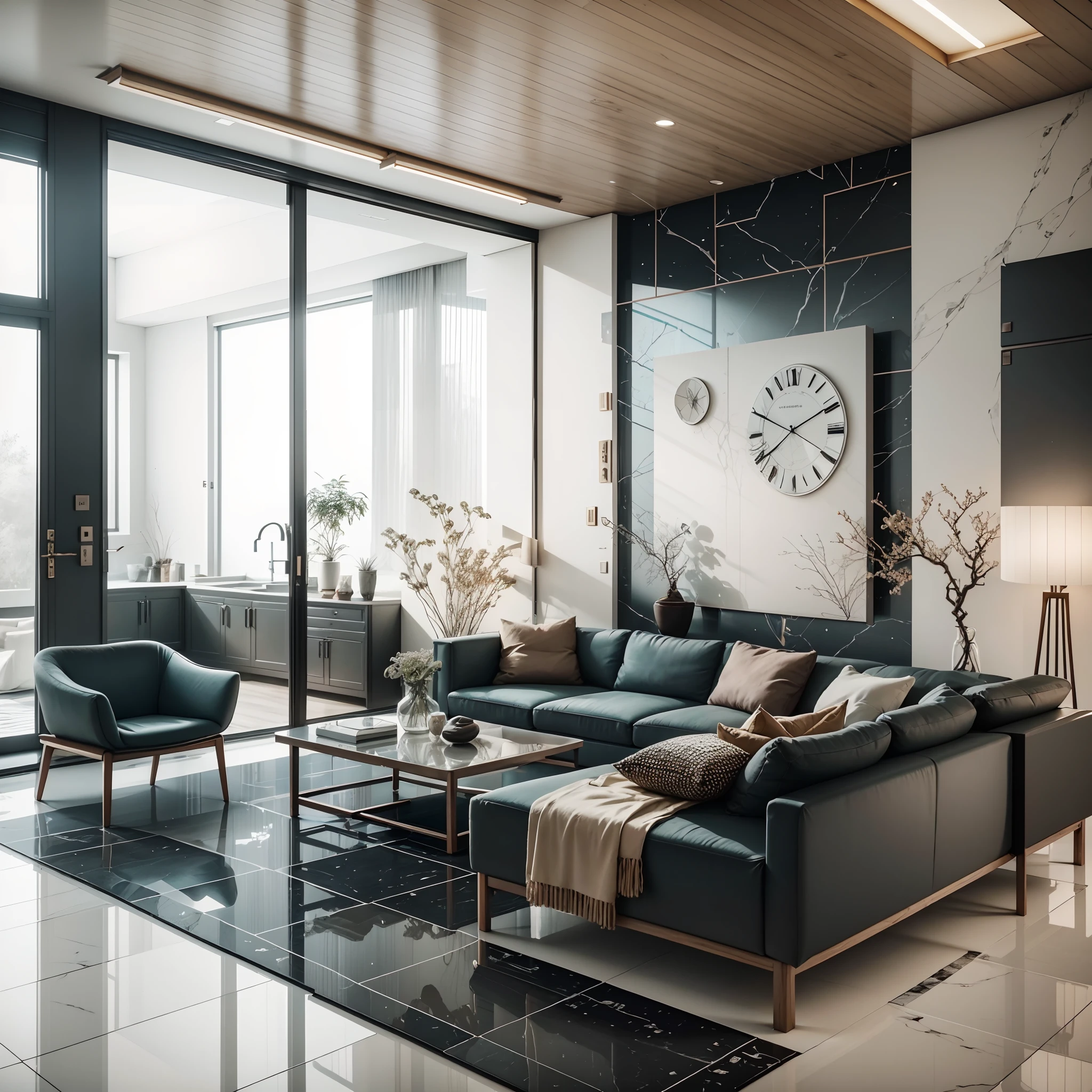 Interior design，liveroom，European minimalist style，Minimalist，nordic，(Black ash)，Black furniture，Multi-angle display，a 3D render、cozy indoor lighting、8K，terrazzo，janelas，Simple wall lamp，Concise wind，broad,Floor-to-ceiling windows,Marble floor tile，Cold