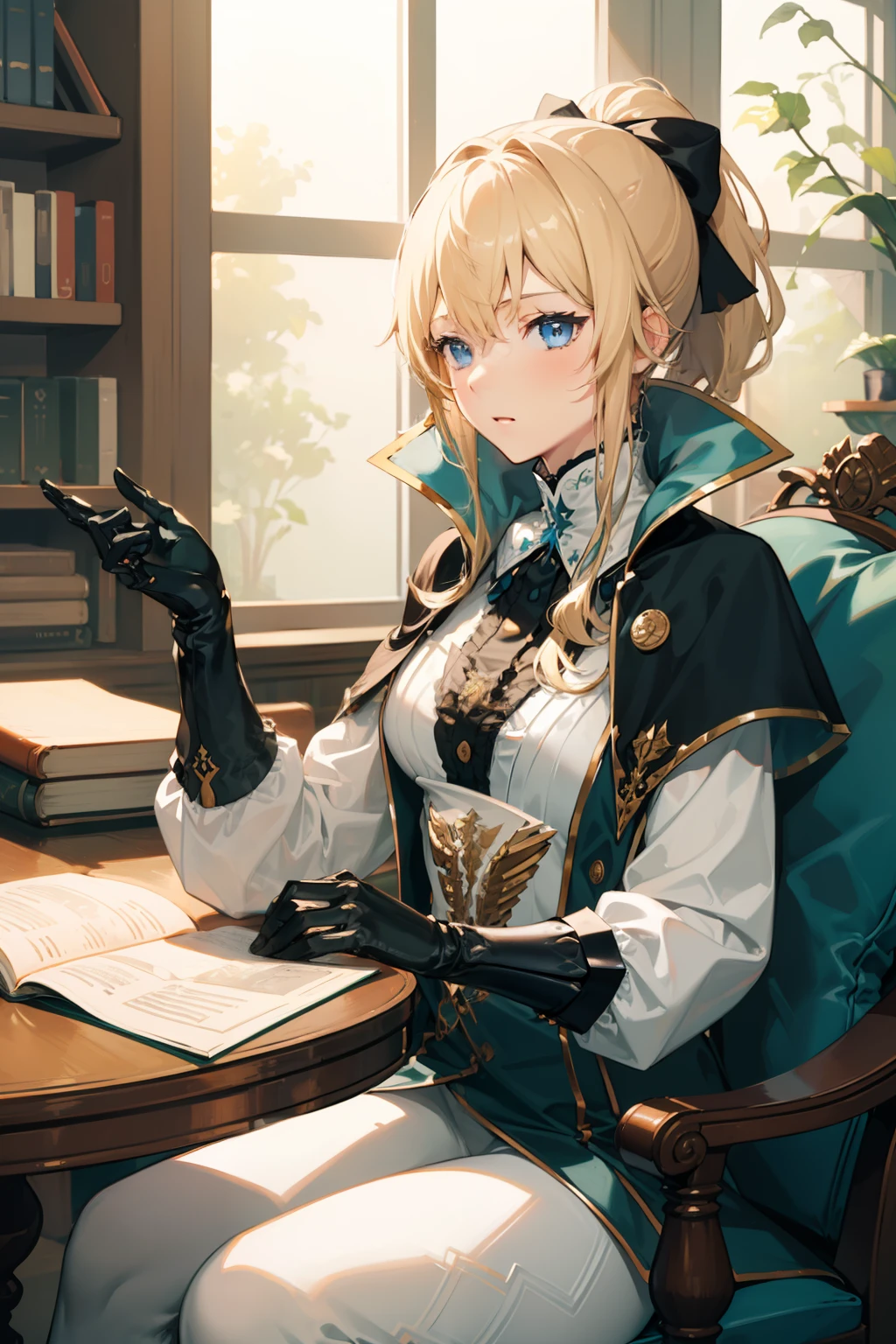 ((masterpiece,best quality)),(negative space:1.4),(1girl, solo:1.4),beautiful detailed eyes,floating blond ponytail hair, long white pants, sitting in big armchair an old library, books and papers on the table