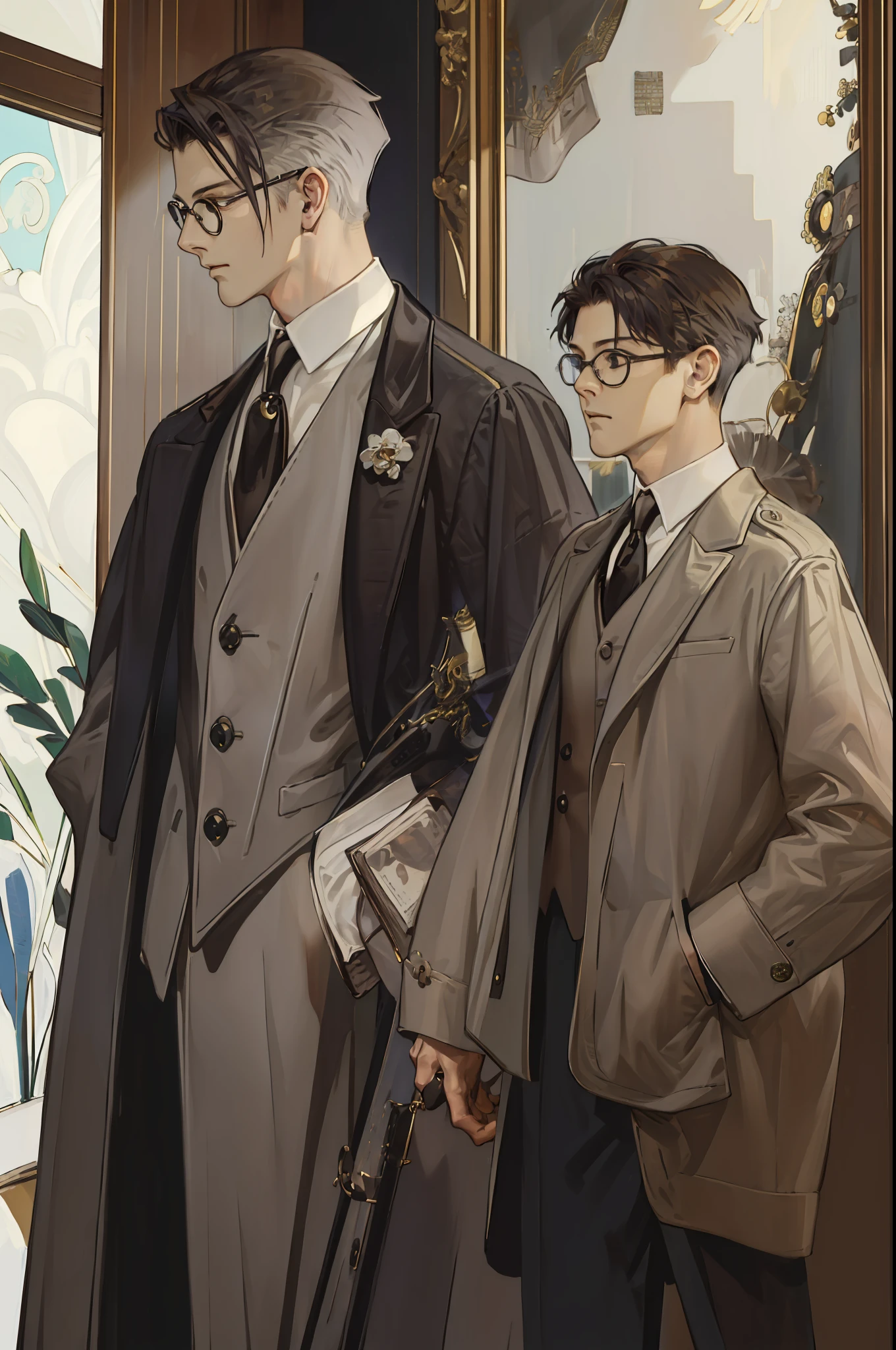 (((absurderes、hight resolution、Ultra-detail)))、(1male people、solo：１.9、Adults、Slender men、Wearing round lens glasses、)、Gentlemanly men、brown haired、Gray eyes、(shorth hair、dishevled hair、long limbodel body type)、tatteredclothing、（（（Large coat。）））long court。Classic fashion、Young adolescents、darkened room、Best light and shadow、oud、Fine dust、concentrating、Reading、Sunlight entering the room、depth of fields、extra detailed face、nerdy、cowboy  shot