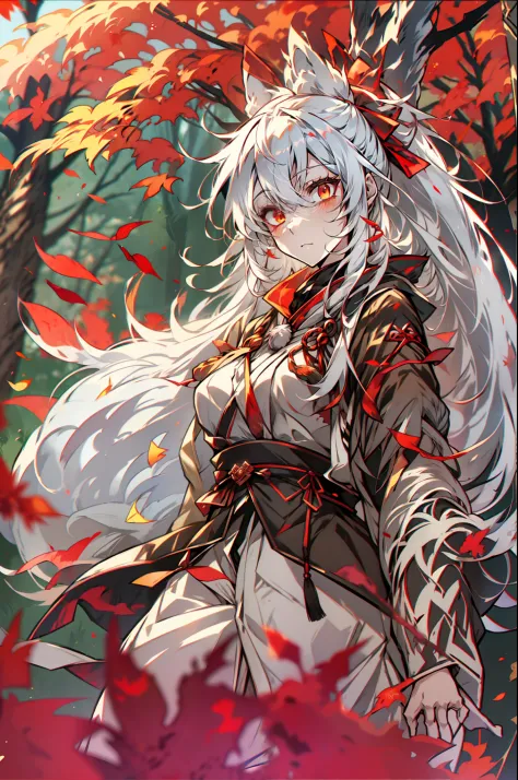 solo, anime girl in forest with red leaves, anime kitsune girl with long white hair in ponytail, white - haired fox, white fox a...