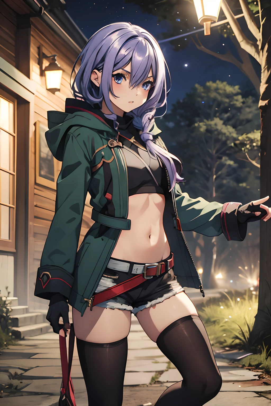 best quality, ((masterpiece)), highly detailed, outdoors, night, forrest,
1girl, Luna,
looking at the viewer, 
blue eyes, purple hair, braid, thighhighs, belt, open coat, navel, short shorts, fingerless gloves