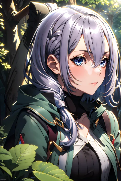 luna jacket, black shorts, thighhigh, silver hair, loose braid, beautiful face, forest background, (masterpiece:1.2), best quali...