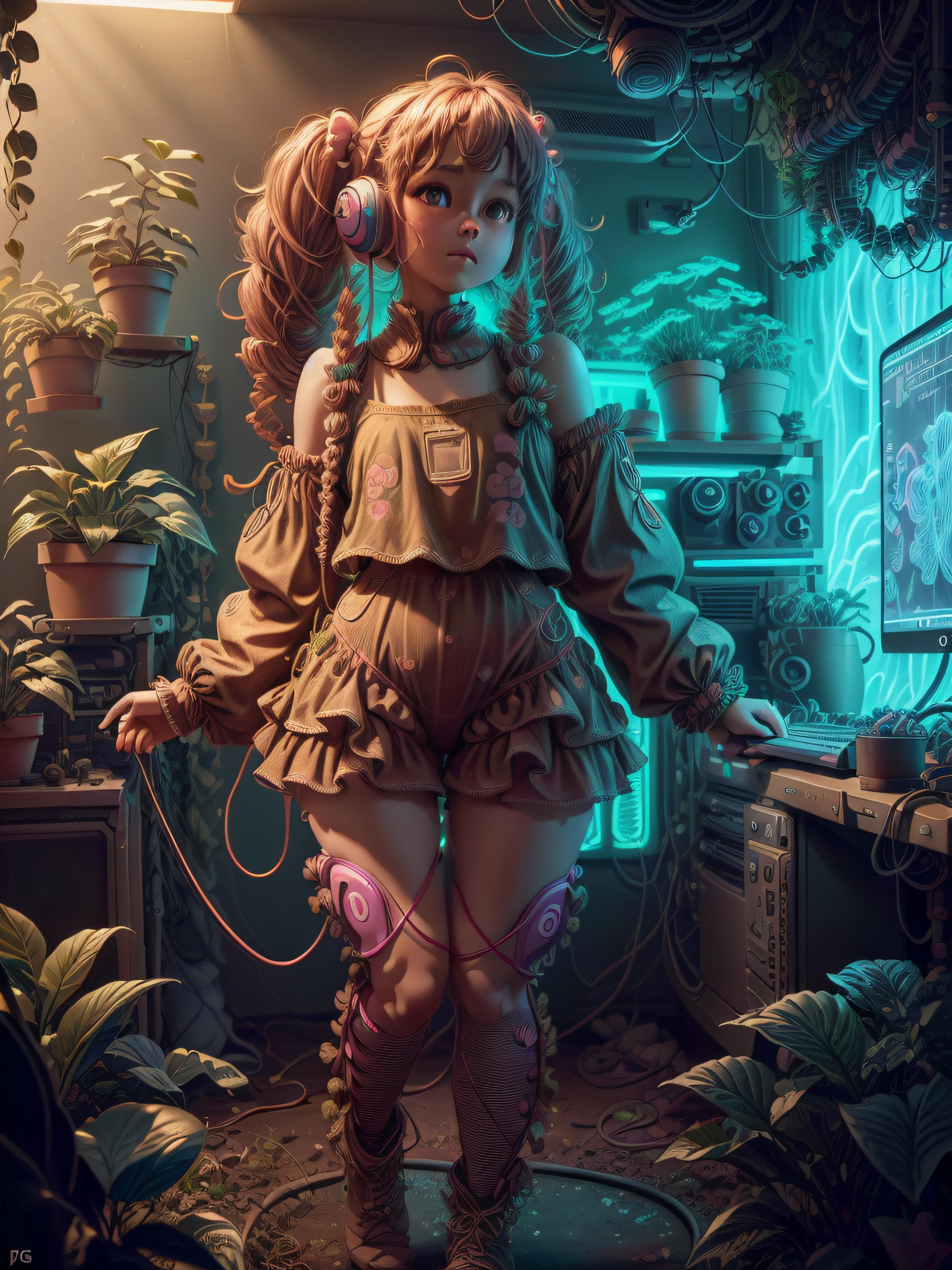 ((curly pigtails hair girl)), ((only anatomical legs)), full body, ((wearing a neon headset)), in high technology over plant grown gaming room, gaming PC in background, ps5 in background, VR set in back ground, 8k, RAW photo, best quality, masterpiece, high detail RAW color photo, dramatic lighting, cinematic lighting, back light, professional lighting