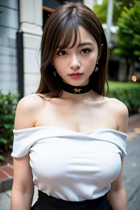 best quality, ultra high res, (photorealistic:1.4), 1girl, off-shoulder white shirt, black tight skirt, black choker, (faded ash gray hair:1), (huge breasts:1.2), looking at viewer, closeup ,