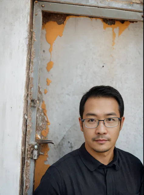 A handsome man with glasses stands in front of the door, 8k selfie photograph, ((Rust)), stanley artgem lau, portrait of a sligh...