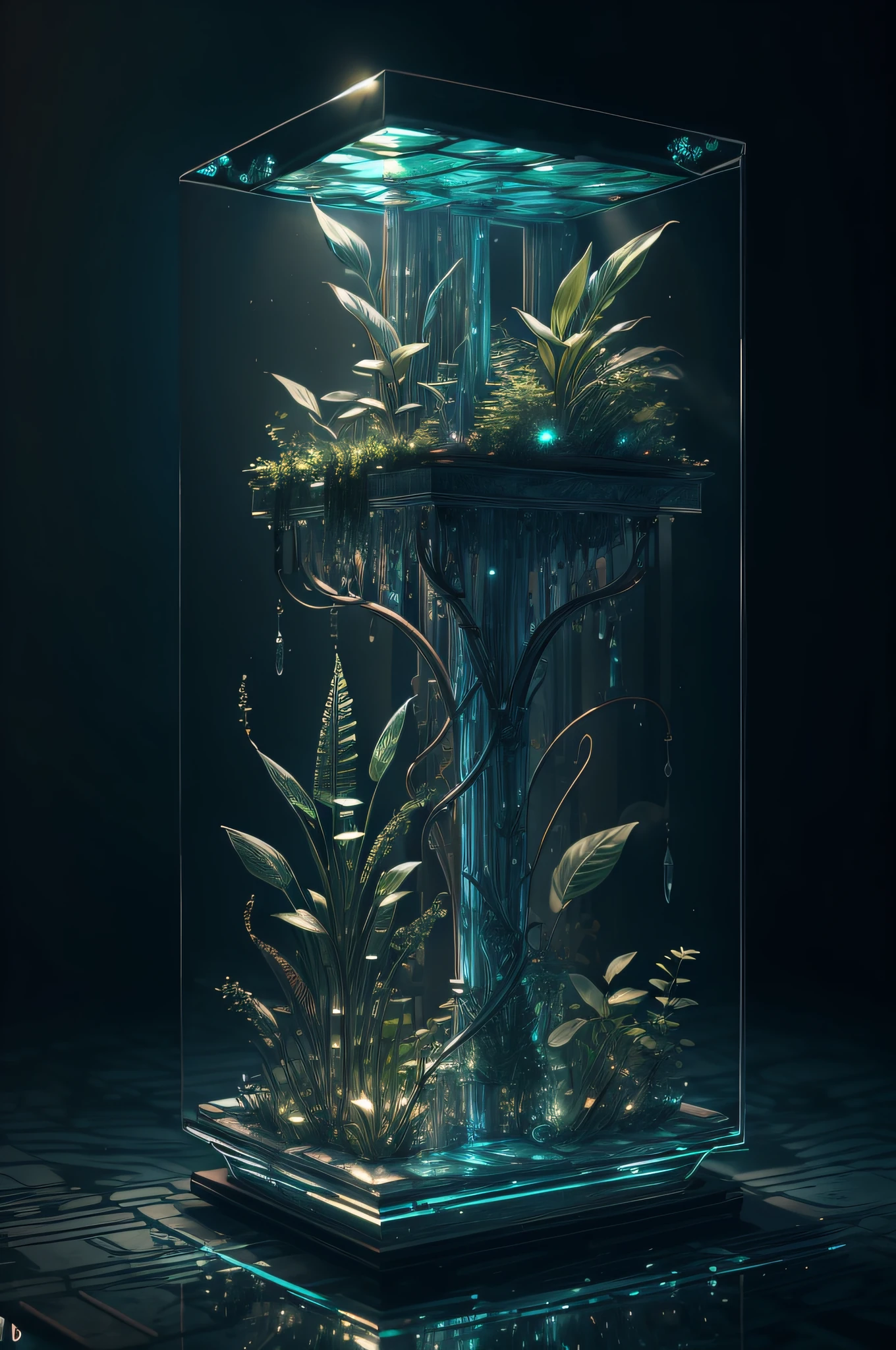 masterpiece of glass sculpture with plants inside, water, glowing, fantasy, high quality, high detail, best quality, rtx, 4k, 8k,