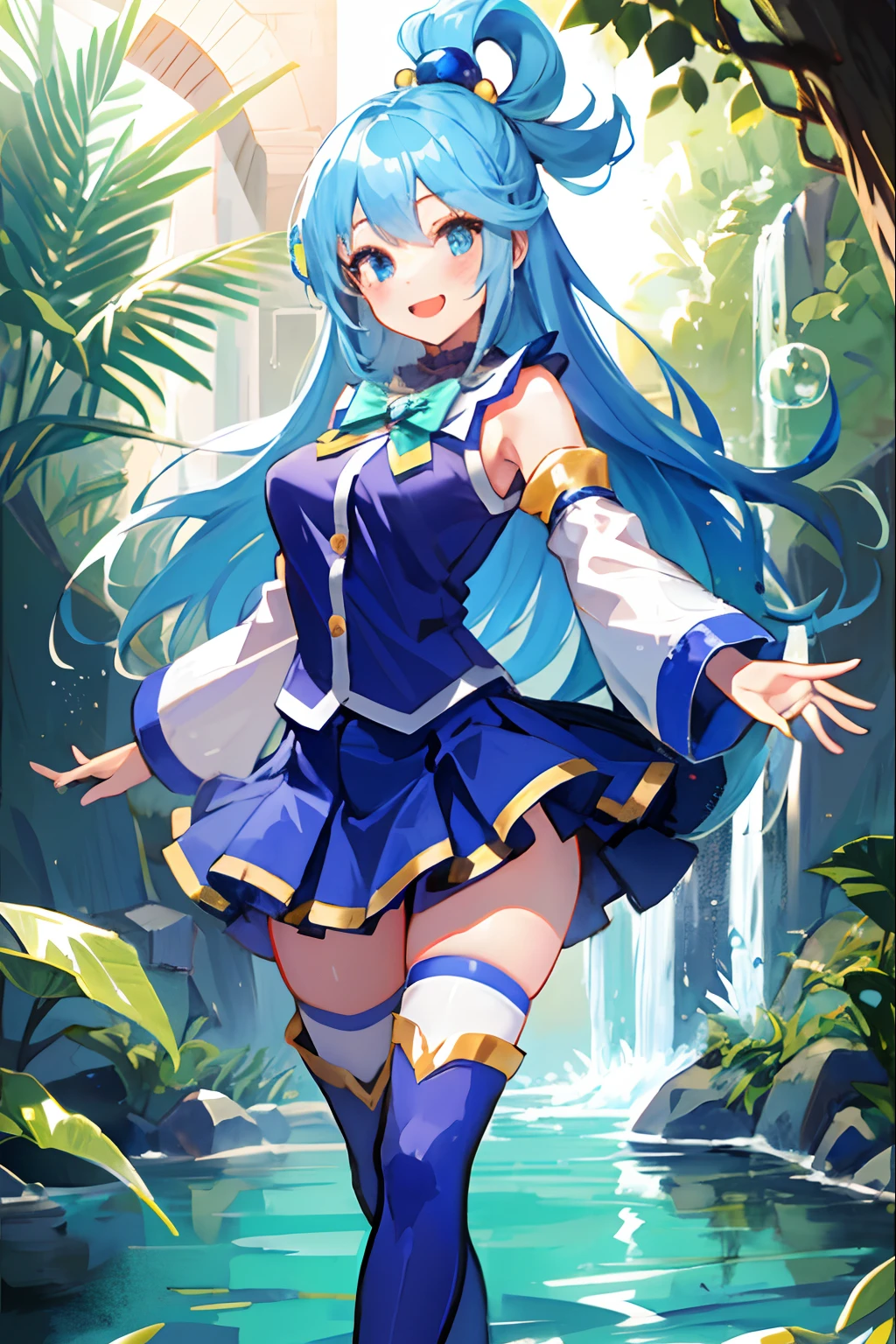 aqua \(konosuba\), mksks style, (very detailed background:1.0), (highly detailed background:1.0), {Masterpiece}, High Quality, 1girl, blue eyes, blue footwear, blue hair, blue thighhighs, blush, boots, breasts, bubble, detached sleeves, hair ornament, hair rings, leg up, long hair, looking at viewer, medium breasts, open hand, single hair ring, skirt, smile, solo, standing, standing on one leg, thigh boots, thighhighs, very long hair, water, white thighhighs, kono subarashii sekai ni shukufuku wo!,