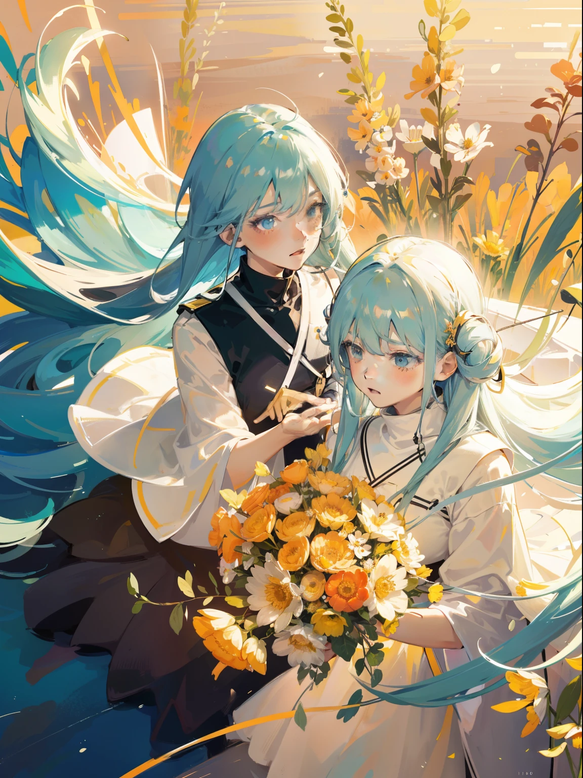 two girls praying, long white and blue hair, clear glass material, Caustic,  particles, golden light, fluorescent, warm color palette, utilitarian, organic shapes and lines, illustration, danish design, facing front, bright light, bright color, realistic light and shadow, wild flowers background, flat illustrations --ar 9:16 --niji 5 -