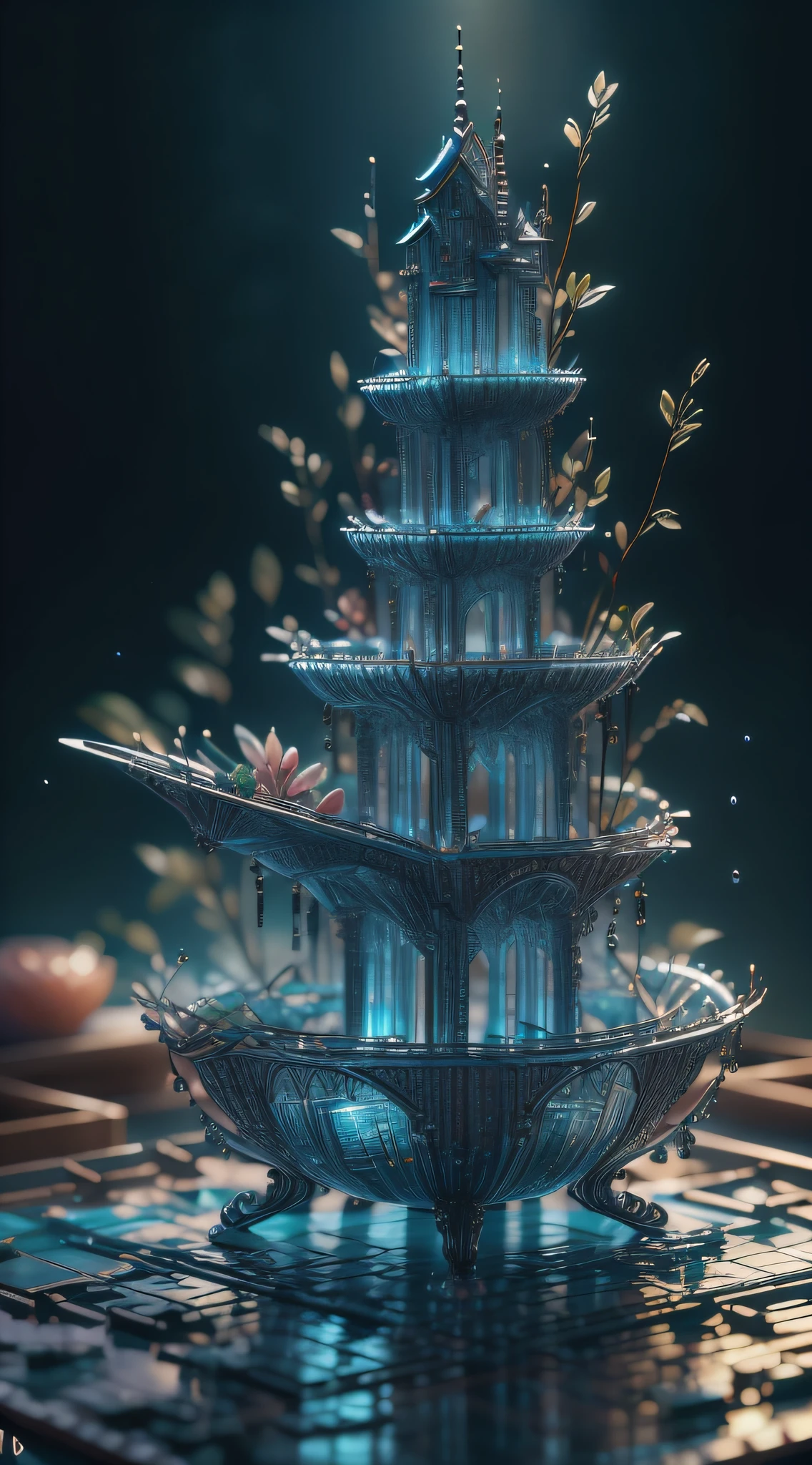 obra-prima da escultura de vidro com plantas dentro, "Montanha de Flor e Fruta + Fada + Arquitetura Chinesa", água, brilho, fantasia, alta qualidade, alto detalhe, melhor qualidade, rtx, 4K, 8K,