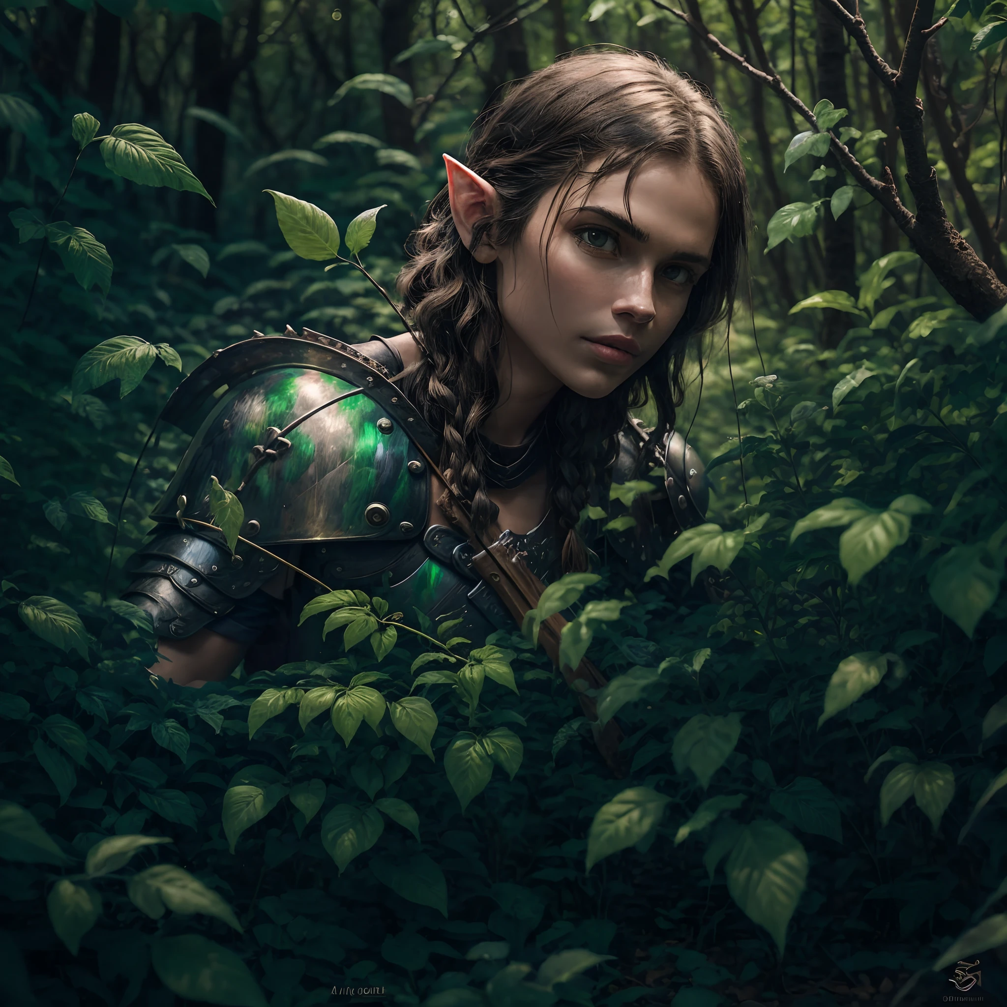 Elfo guerreiro na floresta: uma imagem de um elfo guerreiro de orelhas pontudas, cabelos loiros e olhos azuis. Ele está usando armadura de couro e segurando um arco e uma aljava de flechas. Ele está em um verde, Floresta iluminada pelo sol. O estilo artístico é realista e detalhado. --auto --s2