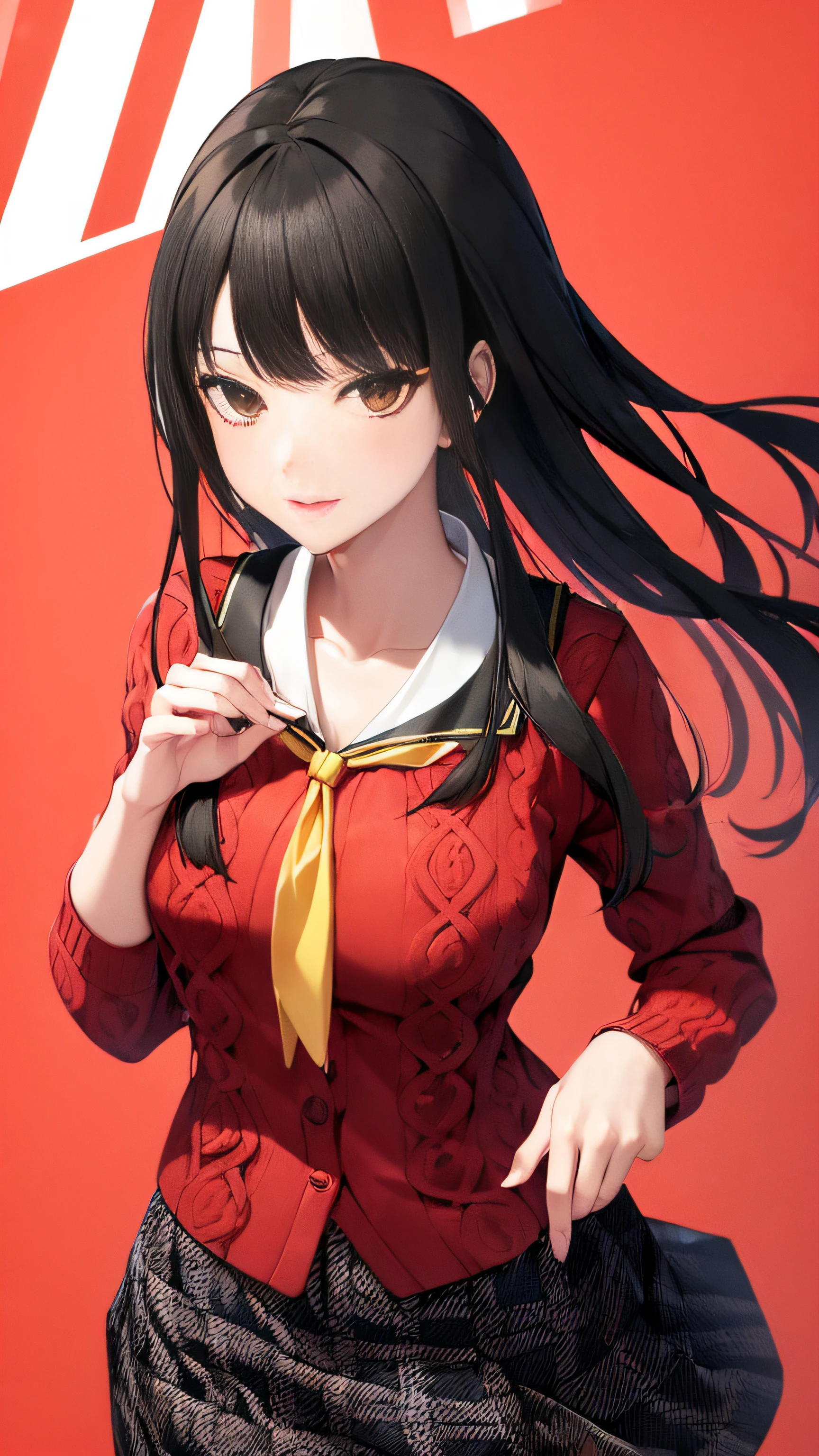 (realisitic:1.5),1 persona,solo,Yumeko Jabami, kakegurui, Una sonrisa,(cárdigan rojo、falda a cuadros、pañuelo amarillo、Uniformes:1.2)、enorme teta、Medias negras