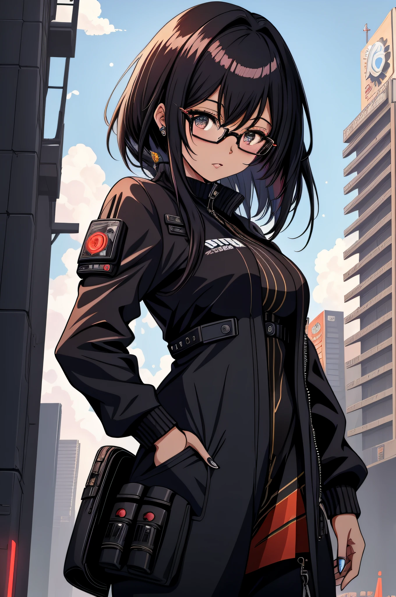 Anime - imagem de estilo 1mulher com olhos azuis e Bblack hair, Bblack hair, thick eyebrow, face of a 27 year old woman, 27 year old young man, cloused mouth, fully body, cyberpunk anime art, tom de pele branca, (cloused mouth: 1.5), hand on hip, (double eyelid), (Bblack hair: 1.3), (shorth hair: 1.3), wearing dress, digital cyberpunk anime art, cyberpunk anime art, range murata and artgerm, eyeglass, futuristic clothing, hand on hip, (whole body: 1.7), wearing dress, stylish pants, Technological dress, transparent spectacle lenses, 极其详细的Artgerm, modern cyberpunk anime, artgerm and atey ghailan, artgerm and genzoman, cloused mouth