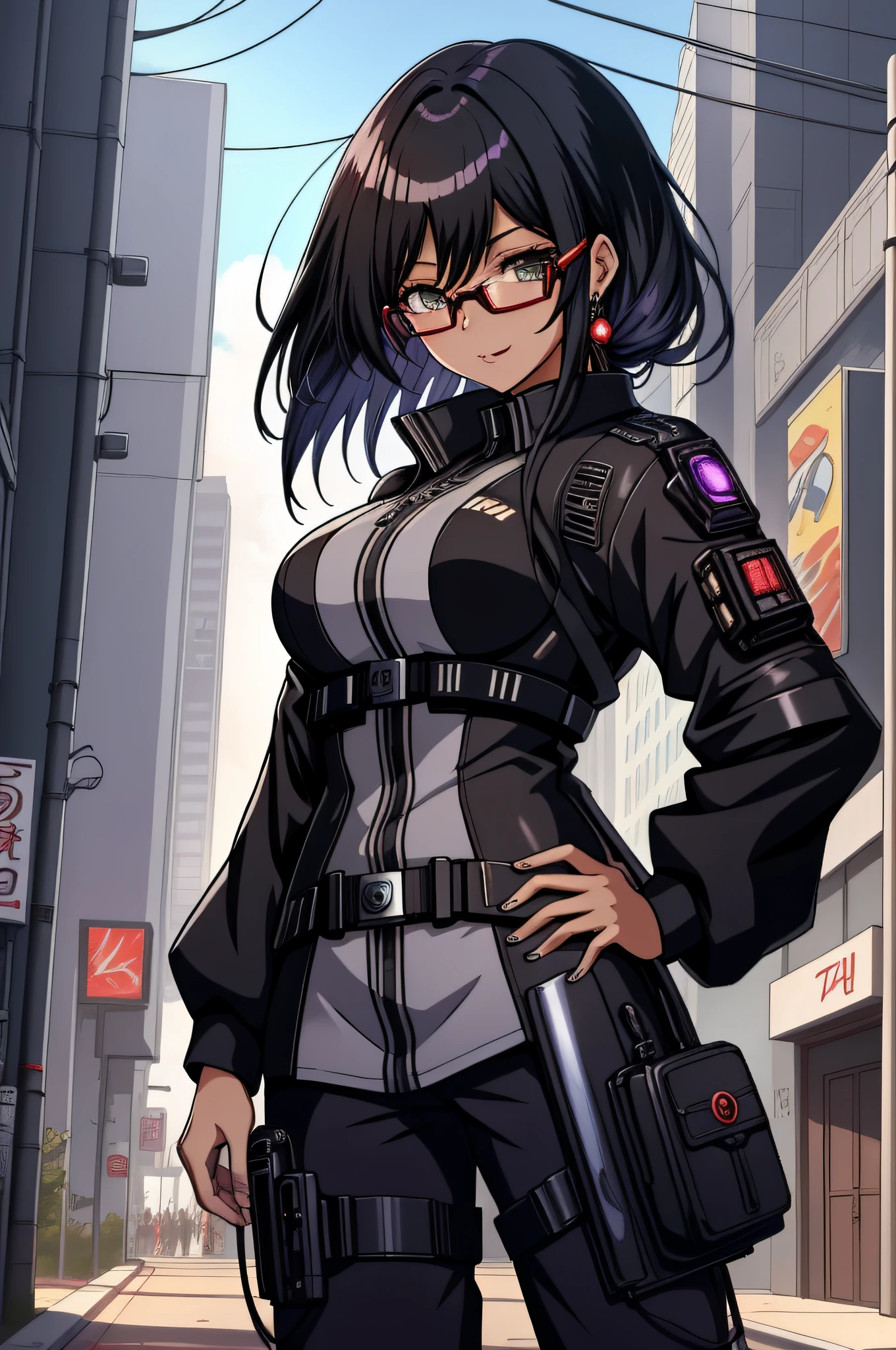 Anime - imagem de estilo 1mulher com olhos azuis e Bblack hair, Bblack hair, thick eyebrow, face of a 27 year old woman, 27 year old young man, cloused mouth, fully body, cyberpunk anime art,  tom de pele branca, (cloused mouth: 1.5), hand on hip, (double eyelid), (Bblack hair: 1.3), (shorth hair: 1.3), wearing dress, digital cyberpunk anime art, cyberpunk anime art, range murata and artgerm, eyeglass, futuristic clothing, hand on hip, (whole body: 1.7), wearing dress, stylish pants, Technological dress, transparent spectacle lenses, 极其详细的Artgerm, modern cyberpunk anime, artgerm and atey ghailan, artgerm and genzoman, cloused mouth