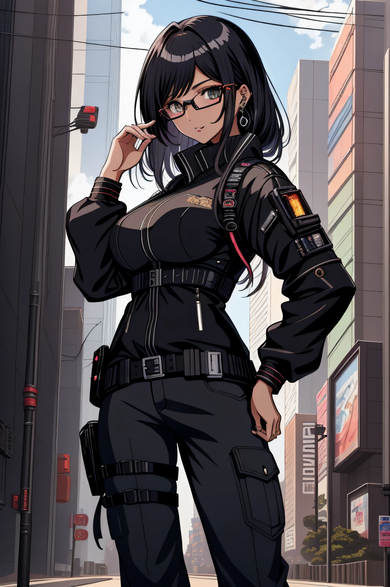 Anime - imagem de estilo 1mulher com olhos azuis e Bblack hair, Bblack hair, thick eyebrow, face of a 27 year old woman, 27 year old young man, cloused mouth, fully body, cyberpunk anime art, tom de pele branca, (cloused mouth: 1.5), hand on hip, (double eyelid), (Bblack hair: 1.3), (shorth hair: 1.3), wearing dress, digital cyberpunk anime art, cyberpunk anime art, range murata and artgerm, eyeglass, futuristic clothing, hand on hip, (whole body: 1.7), wearing dress, stylish pants, Technological dress, transparent spectacle lenses, 极其详细的Artgerm, modern cyberpunk anime, artgerm and atey ghailan, artgerm and genzoman, cloused mouth