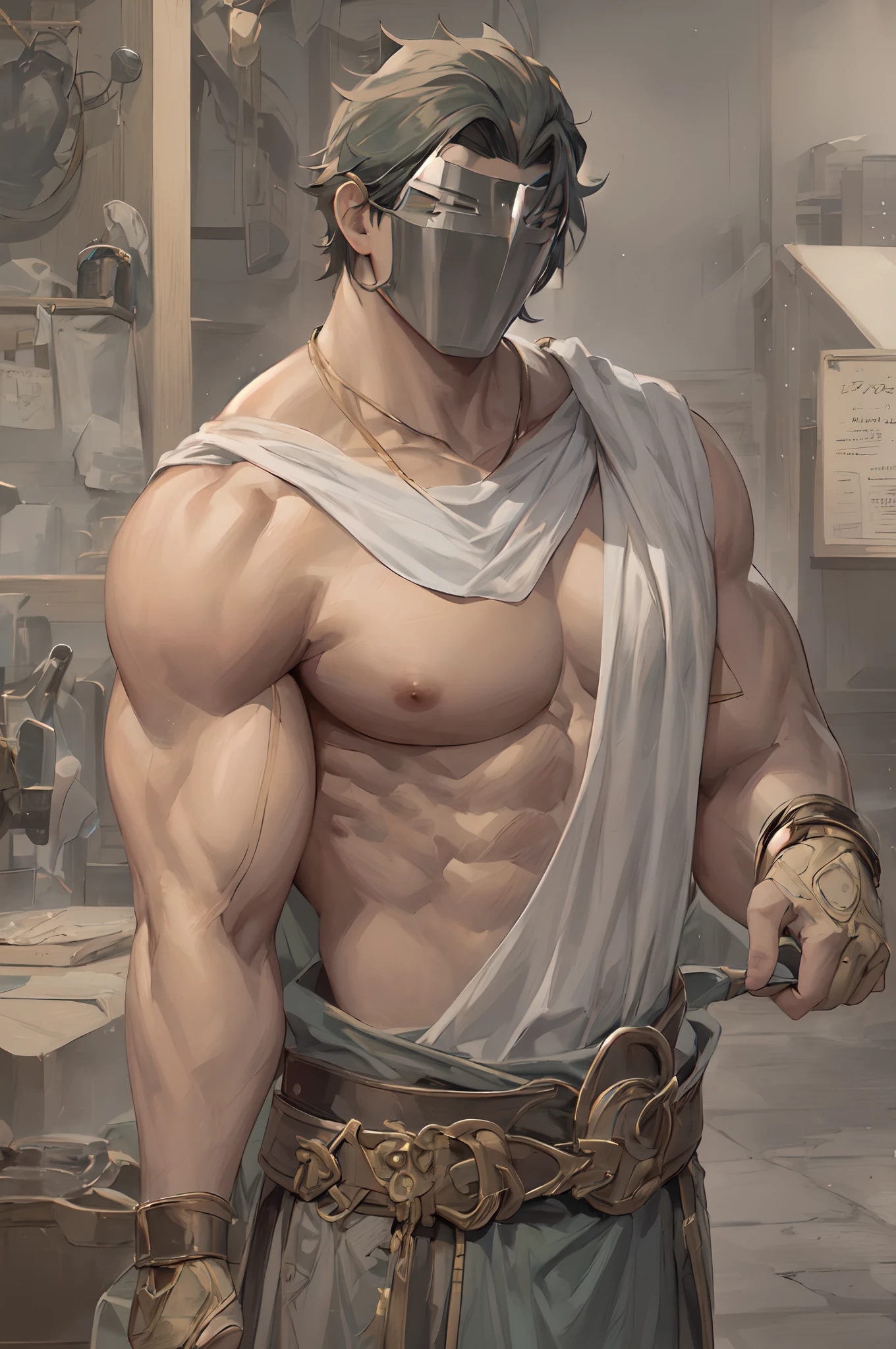 anime style, anime, peplos, greek clothes, mature male, muscular, blacksmith, Masterpiece, absurdres, fine detail, HDR, solo, upper body,, wearing a metal mask that covers his entire face,