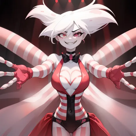 Angel Dust, 1boy, white hair, choker, bowtie, striped suit, white suit, red gloves, black shorts, thigh boots, black thighhighs, four arms, sharp teeth, pink freckles, chest tuft, pink eyes, (black sclera on right eye, heterochromia), perfect anatomy