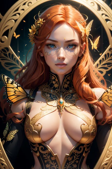 64k portrait of beautiful cyborg with GINGER hair, intricate, elegant, highly detailed, majestic, digital photography,  surreal painting gold butterfly filigree, broken glass, (masterpiece, side lighting, finely detailed beautiful eyes: 1.2), HDR, (detaile...