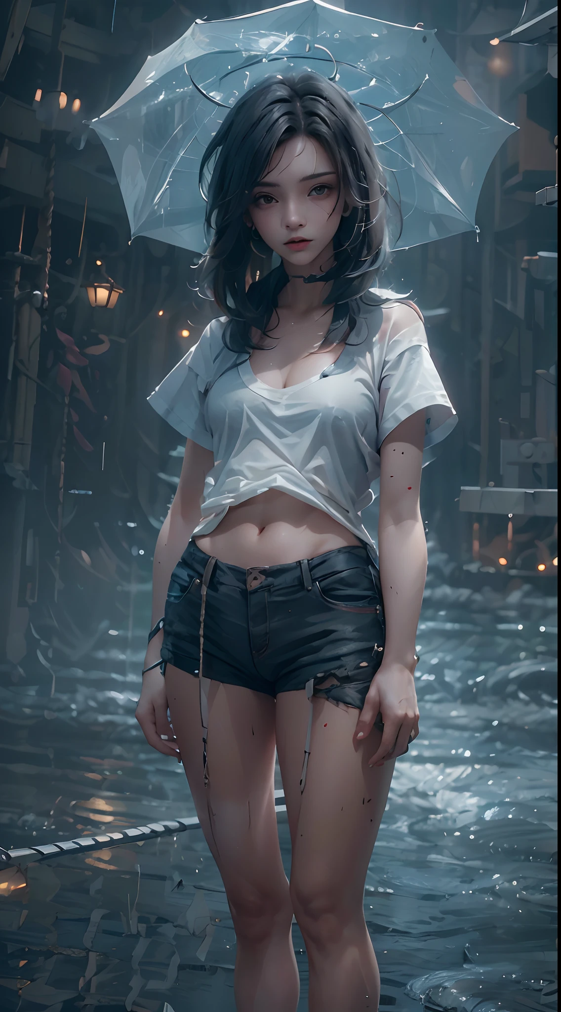 Mulher bonita com cabelo ondulado curto, olhos delicados e encantadores, entalhe da coxa, pernas longas sexy, camiseta em shorts pequenos, cyberpunk futurista bonito + cidade, mistborn, humid, chuva, obra-prima de melhor qualidade, realista, detalhado, 8k, HDR, profundidade de campo rasa, luz ampla, alto contraste, luz de fundo, flooding, flash, chromatic aberration, foco nítido, foto de cor RAW