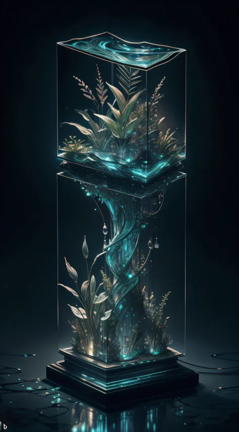 masterpiece of glass sculpture with plants inside, water, glowing, fantasy, high quality, high detail, best quality, rtx, 4k, 8k...