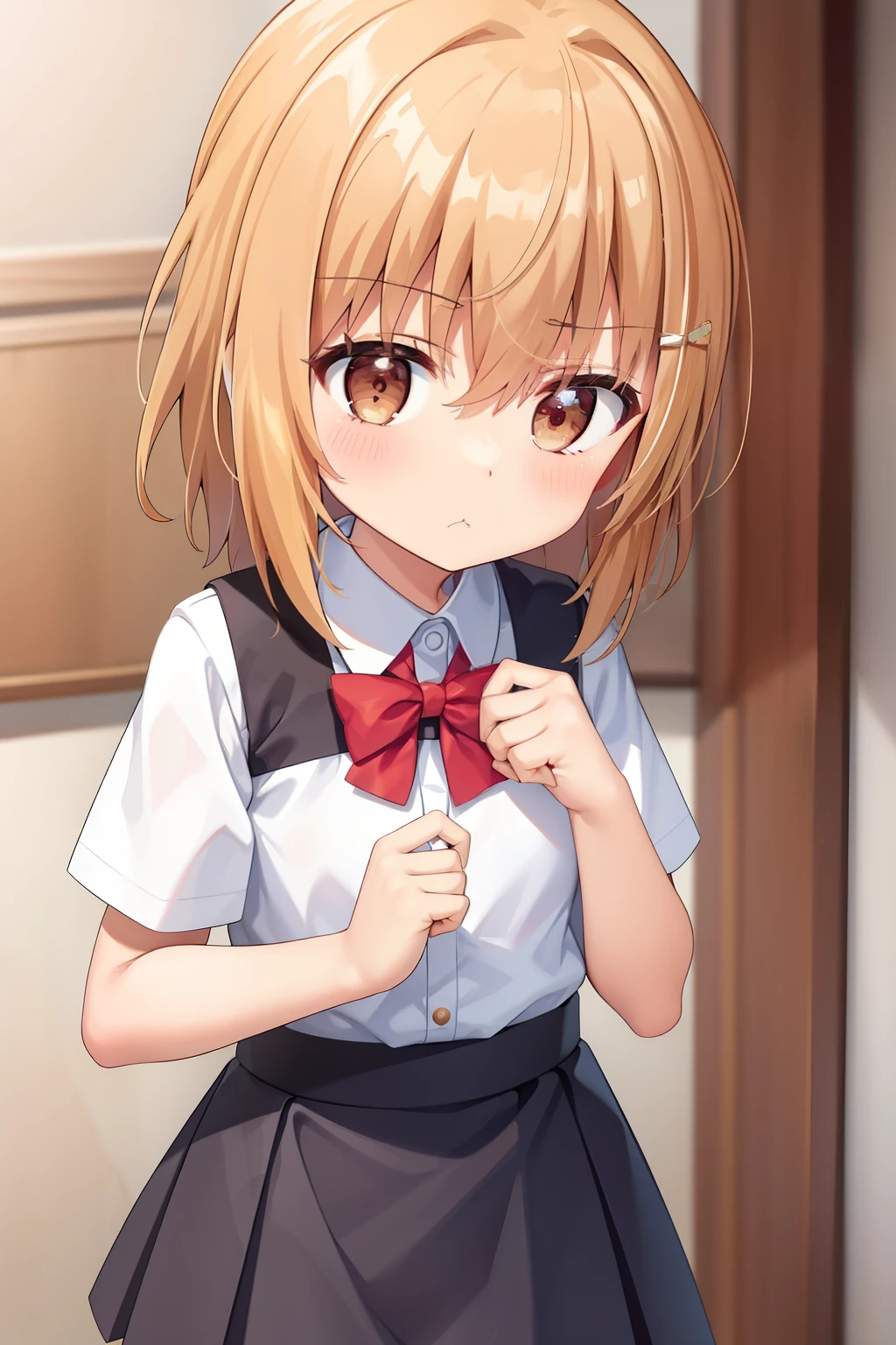 salama，coin，railgun，Blonde tsundere girl，Issuing，校服，adolable，high saturated，pout, blush