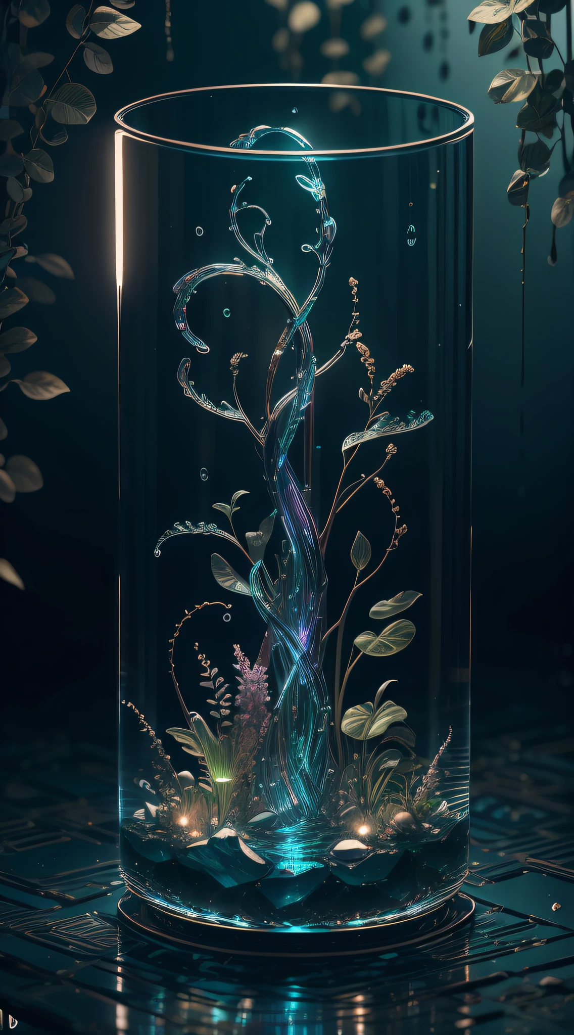 masterpiece of glass sculpture with plants inside, water, glowing, fantasy, high quality, high detail, best quality, rtx, 4k, 8k,