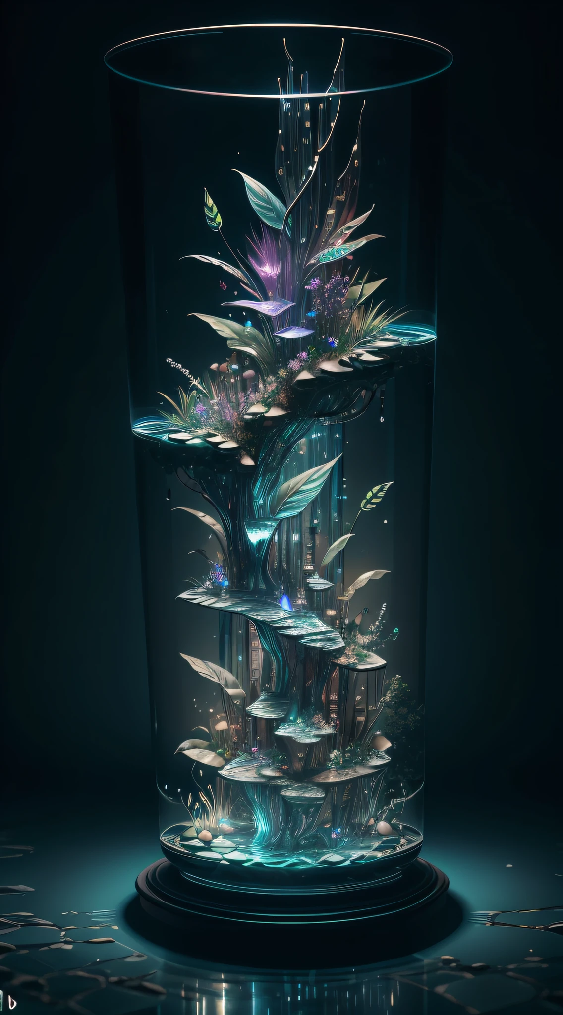 内部有植物的玻璃雕塑杰作, 水, 发光, 幻想, 高质量, 高细节, 最好的质量, 瑞萨电子, 4K, 8千,