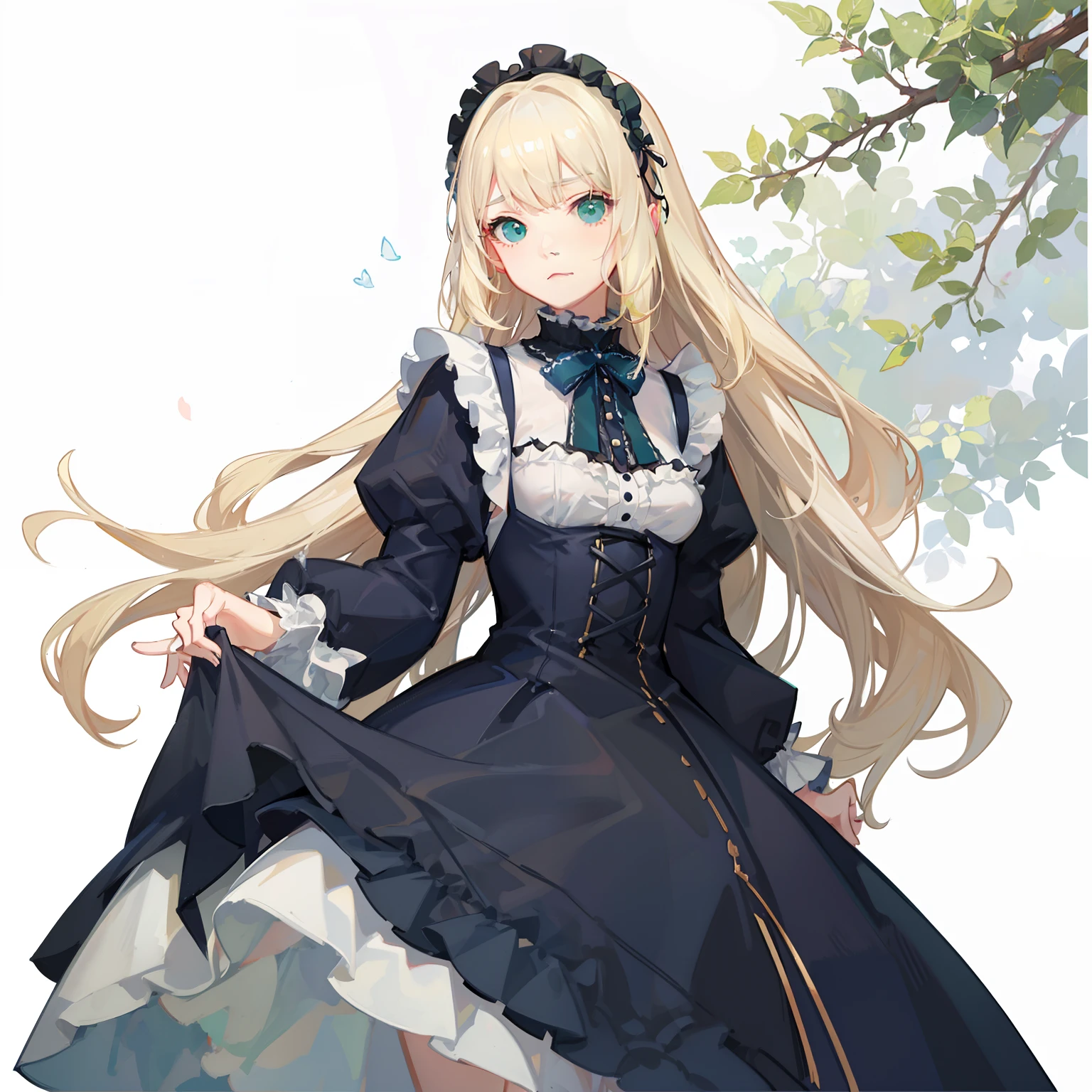 Nordic beautiful woman、Blonde Beauty、The eyes are clear blue、Solo Play、Beautiful white skin、In the green nature、FULL BODYSHOT、Random hairstyles、Expressive、((Sweet colorful)Lolita Fashion:1・3)、Sad look