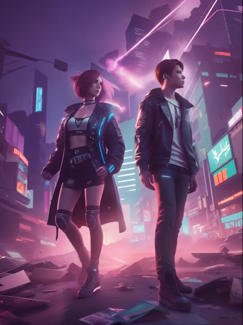 1 girl, 1 boy, cyberpunk broken city, damaged lighting effects, broken billboards, brochure flying in the sky, dynamic poses, full body poses, film lighting effects, realistic disaster, cannon 50mm lense, ray tracing, (blured if required anywhere)