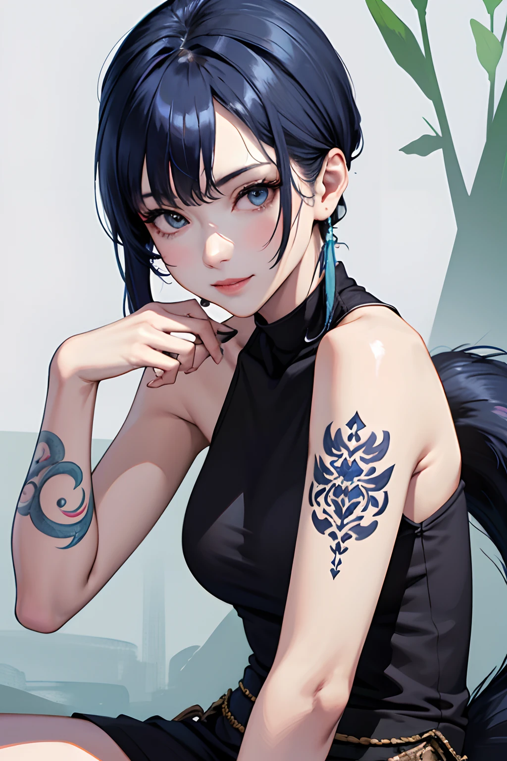 Anime girl with blue hair and tattoos sitting on a bench - SeaArt AI