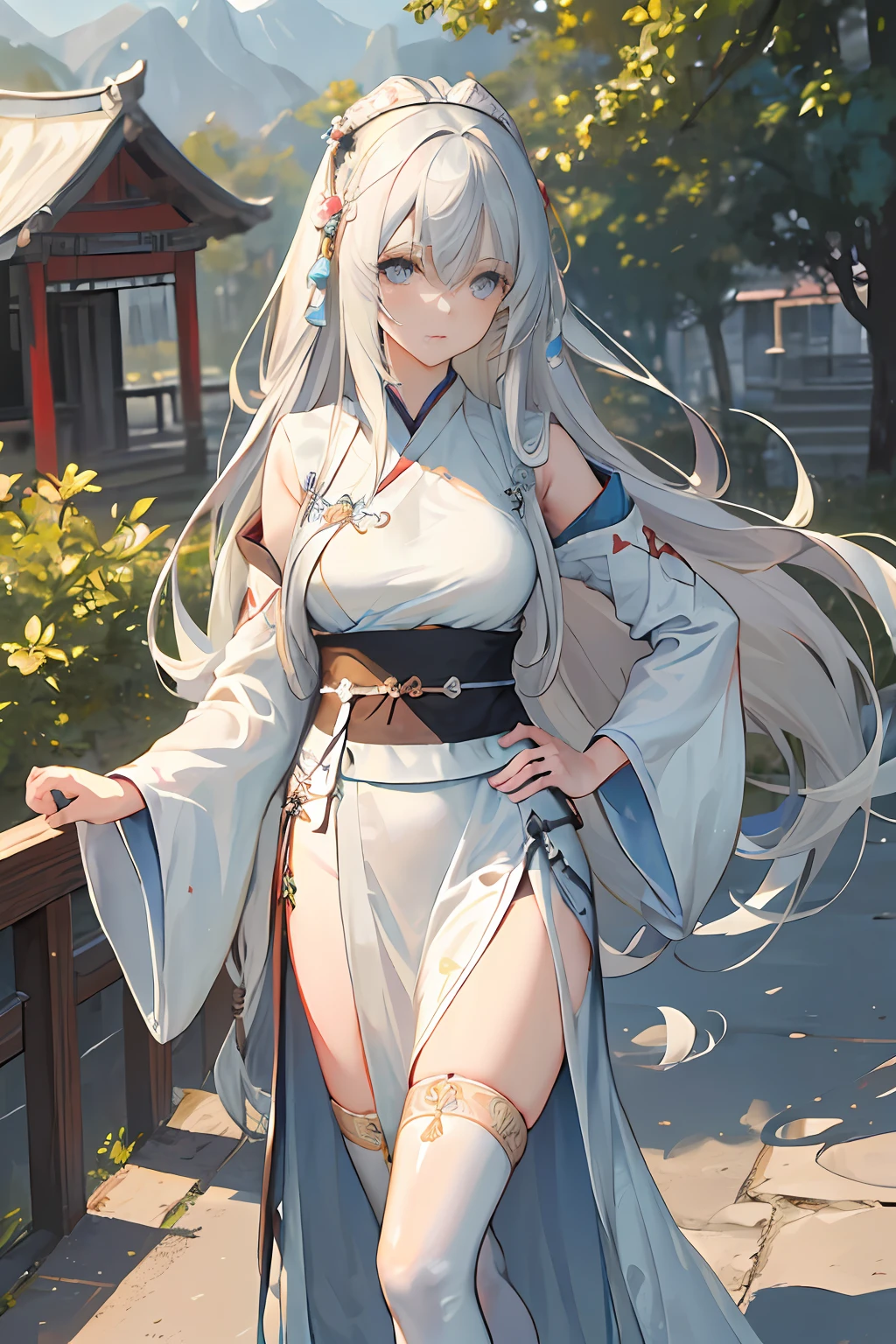 (masterpiece:1.5),(best quality:1.5),(ultra-detailed:1.5),illustration,cowboy shot,1girl,solo,(buildings),perfect face,lustrous skin,long hair,beautiful detailed eyes,beautiful flowing hair,(ru_qun:1.5),(hanfu:1.5),chinese clothes, white dress,white thighhighs, (bloom),lighting, ray tracing,outdoors,  mountains, nature,hair ornament, hair ribbon,hand on hip,looking at viewer,ahoge,large breasts, (deep depth of field:1.5),hair ornament, forest,barefoot sandals