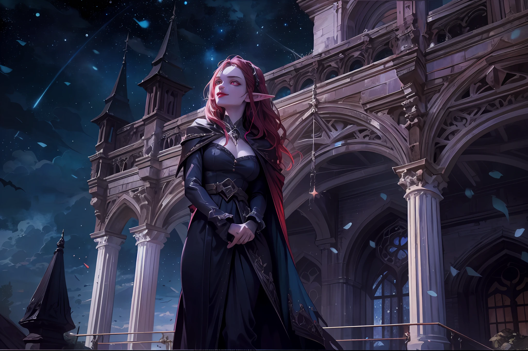 a picture of vampire elf in her castle, an exquisite beautiful female vampire standing under the starry night sky on the porch of her castle , full body (ultra detailed, Masterpiece, best quality), ultra detailed face (ultra detailed, Masterpiece, best quality), grey skin, red hair, wavy hair, dynamic eyes color, cold eyes, glowing eyes, intense eyes, smirking, smile with [[drops of blood on face]] (ultra detailed, Masterpiece, best quality), dark red lips, [visible fangs], wearing white dress (ultra detailed, Masterpiece, best quality), dark blue cloak, high heeled boots [[in starry night sky]], sky full of stars background, moon, bats flying about,  high details, best quality, 8k, [ultra detailed], masterpiece, best quality, (ultra detailed), full body, ultra wide shot, photorealism, dark fantasy art, gothic art, many stars,  gothic art, sense of dread,